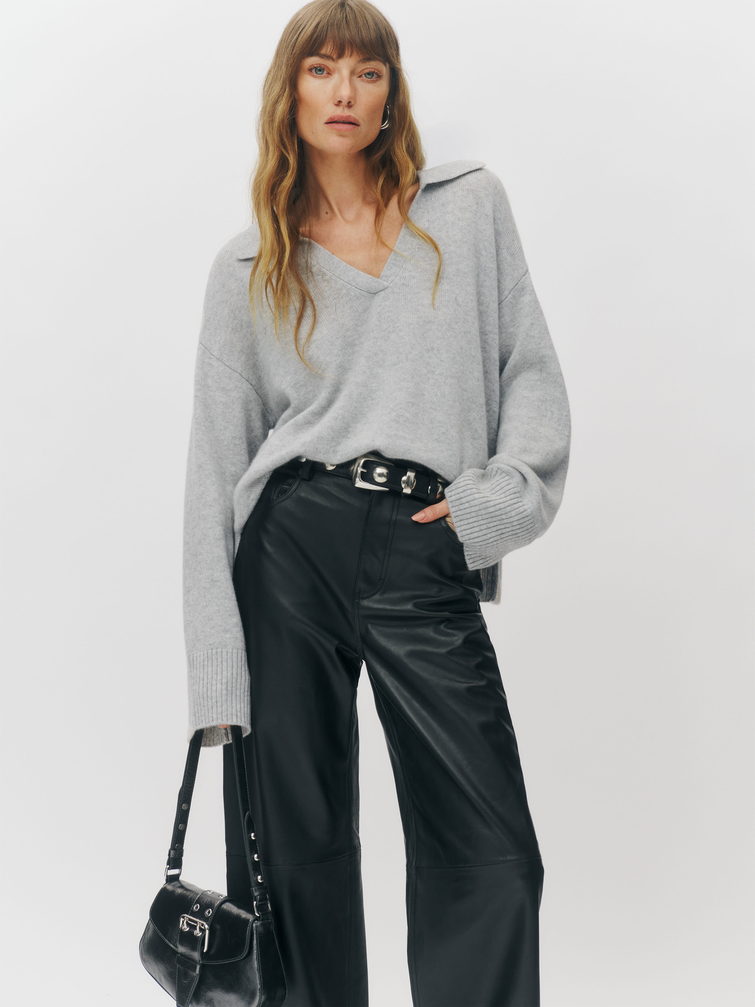 Reformation Sawyer Oversized Cashmere Polo In Foggy