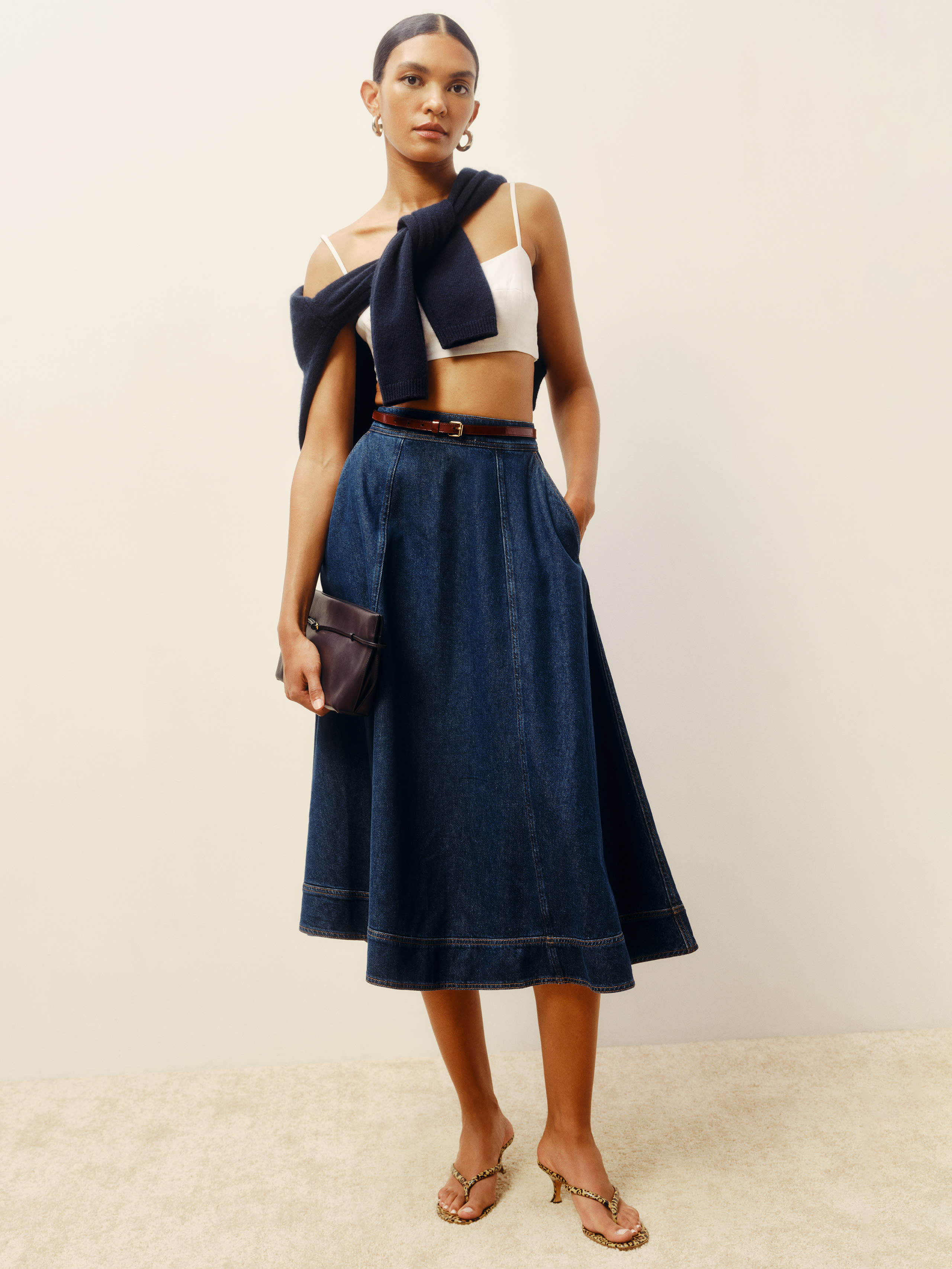 Shop Reformation Delilah Denim Midi Skirt In Roosevelt