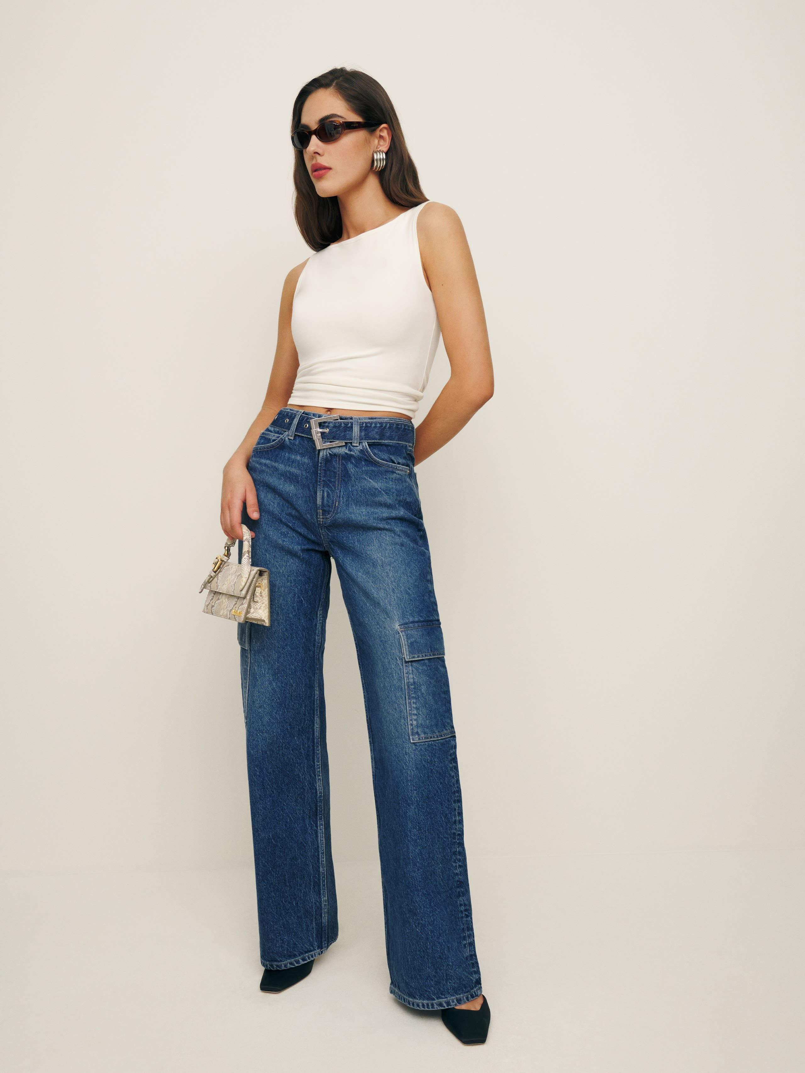 Reformation Cary Belted Cargo High Rise Slouchy Wide Leg Jeans In Prior