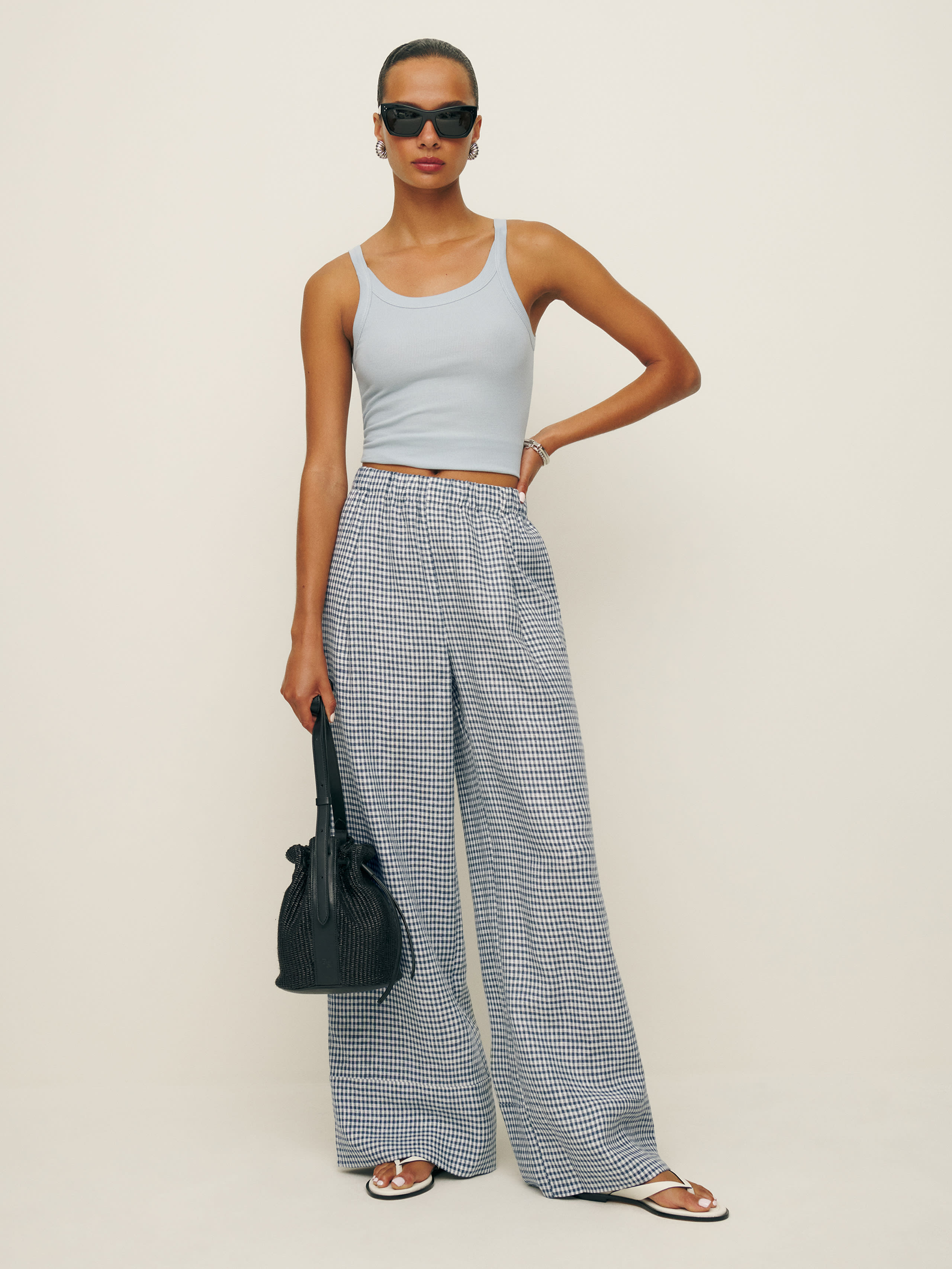 Reformation Fernando Wide Leg Linen Pant In Slate Check