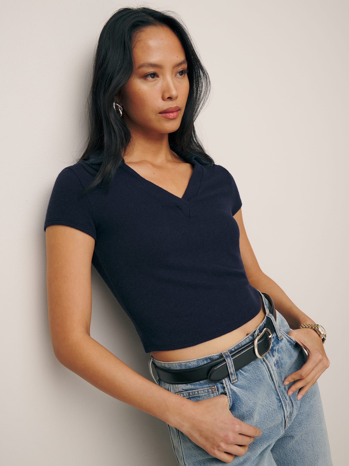 Reformation Layne Knit Top In Navy