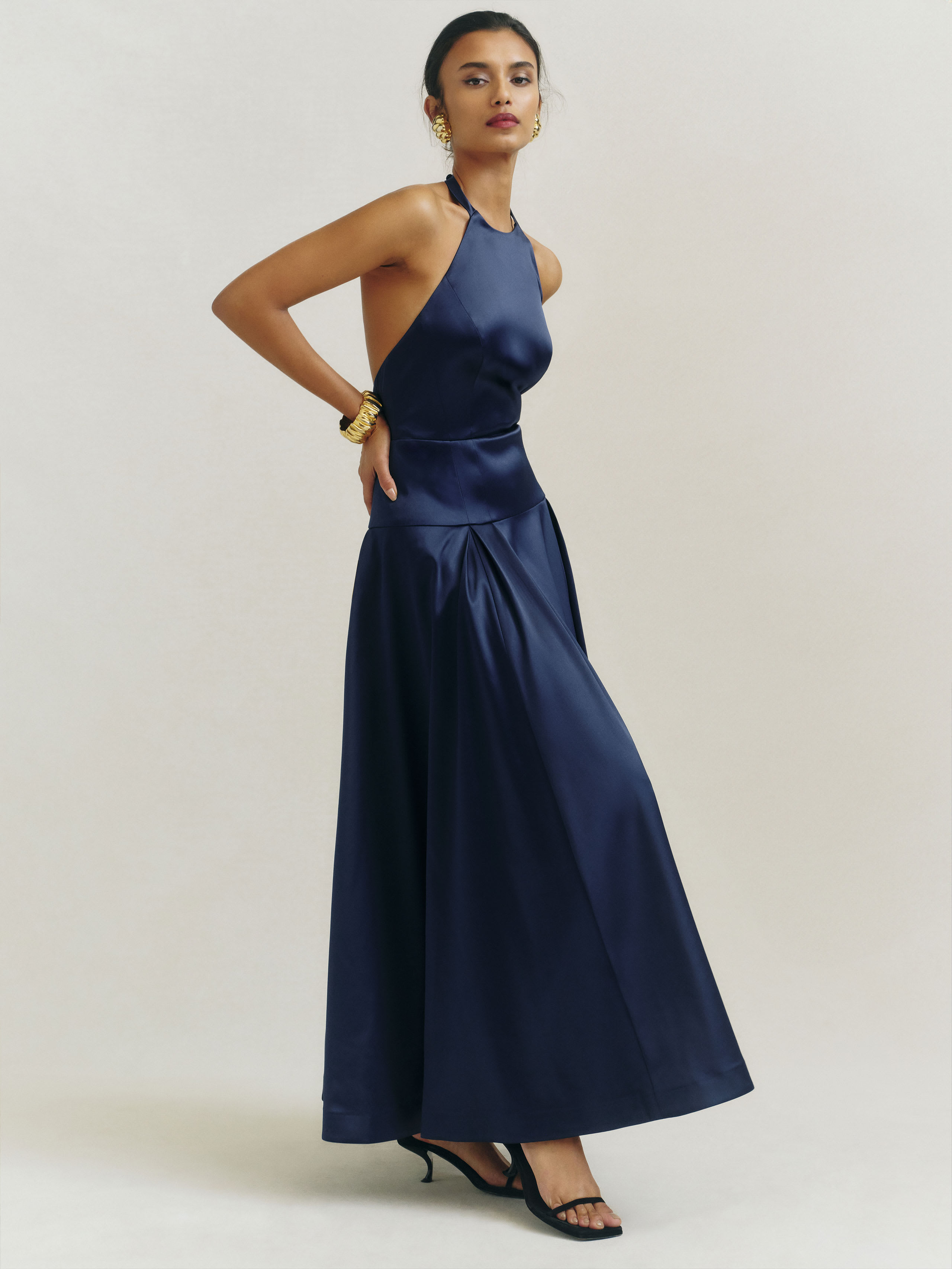 Reformation Lilyann Satin Dress In Navy