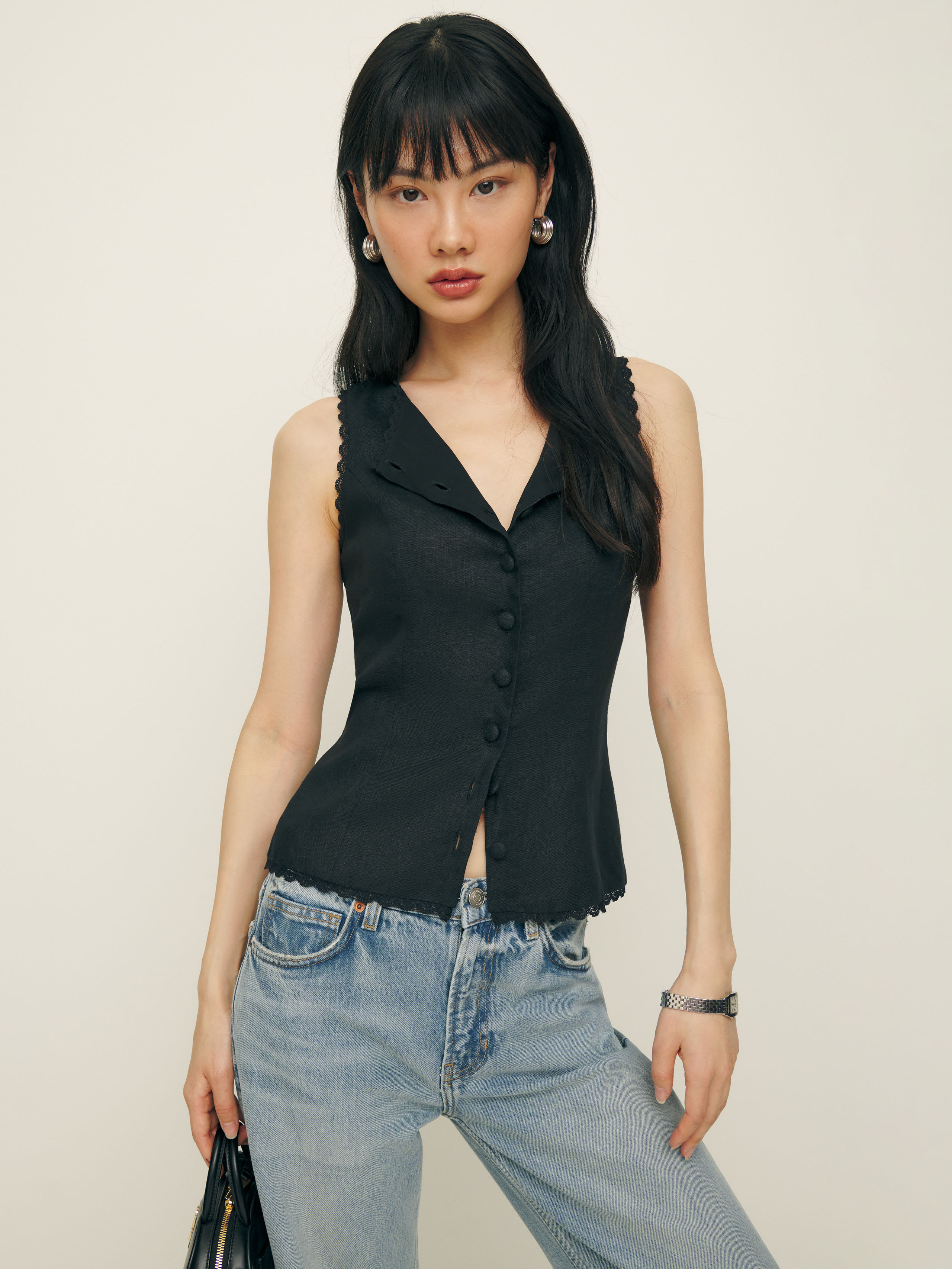 Reformation Amela Linen Button-up Top In Black