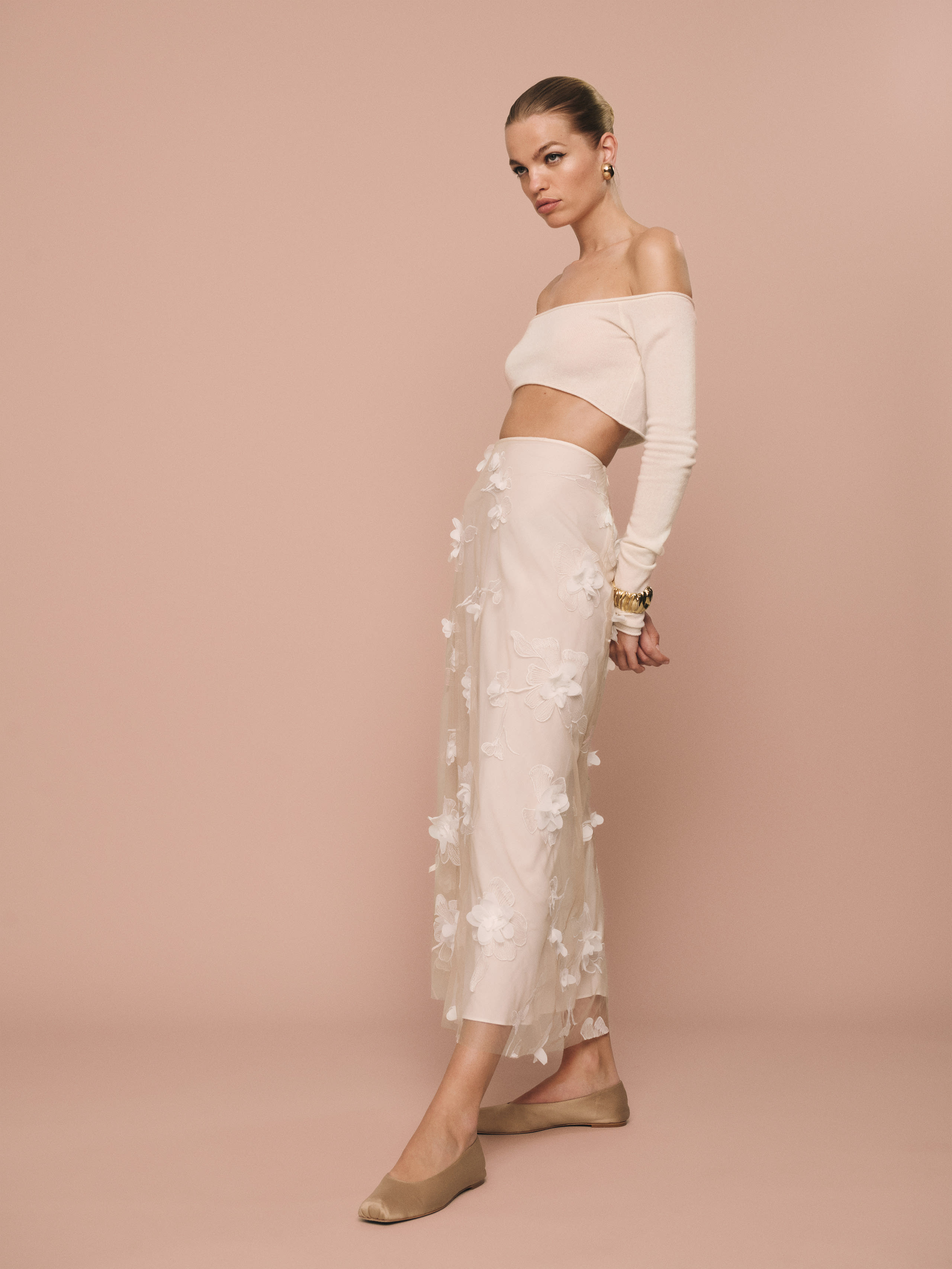 Reformation Gabriella Skirt In Ivory Floral Appliqu
