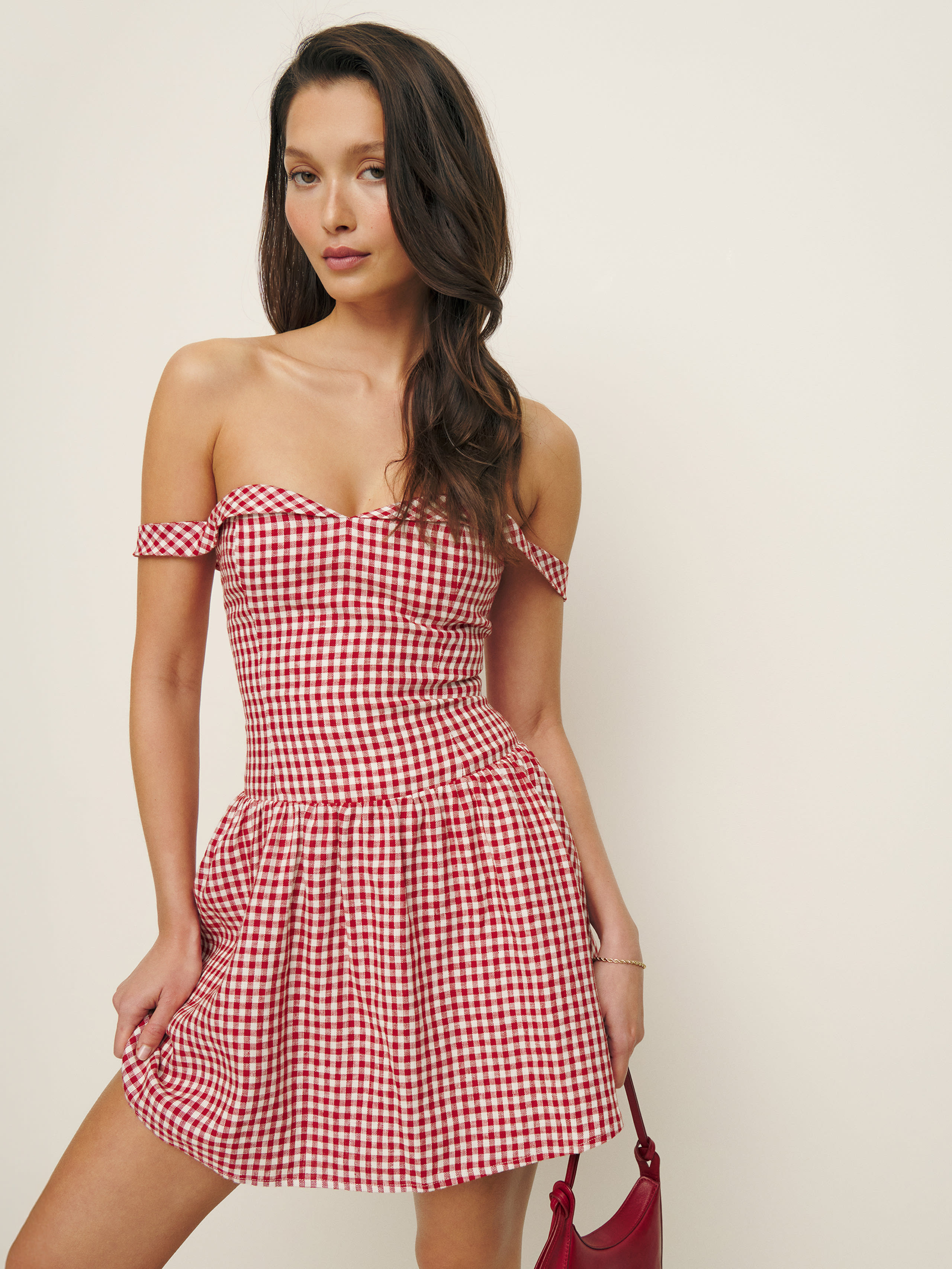 Reformation Sora Gingham Off The Shoulder Linen Minidress In Tomato Check