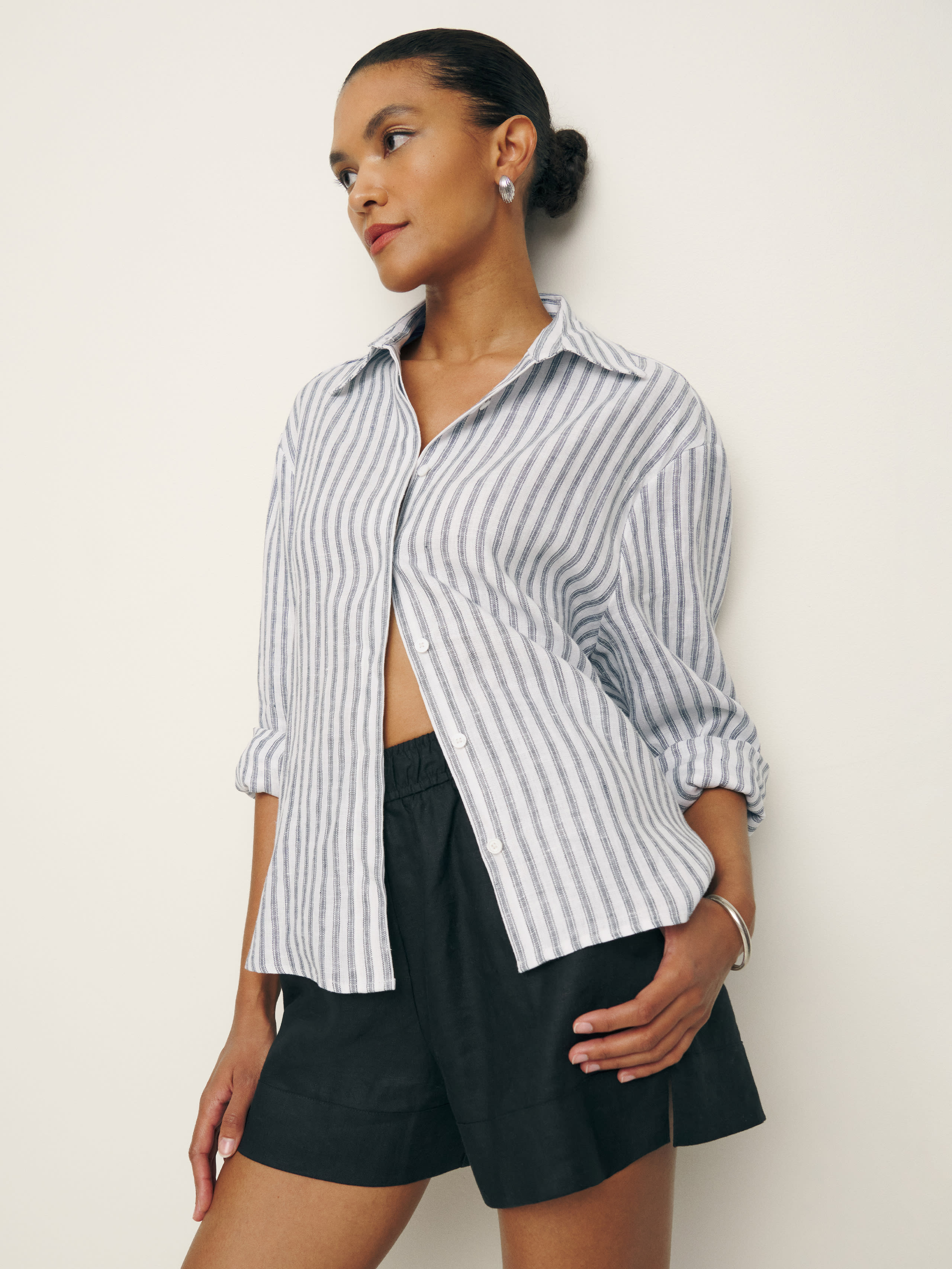 Shop Reformation Andy Oversized Linen Shirt In Antibes Stripe