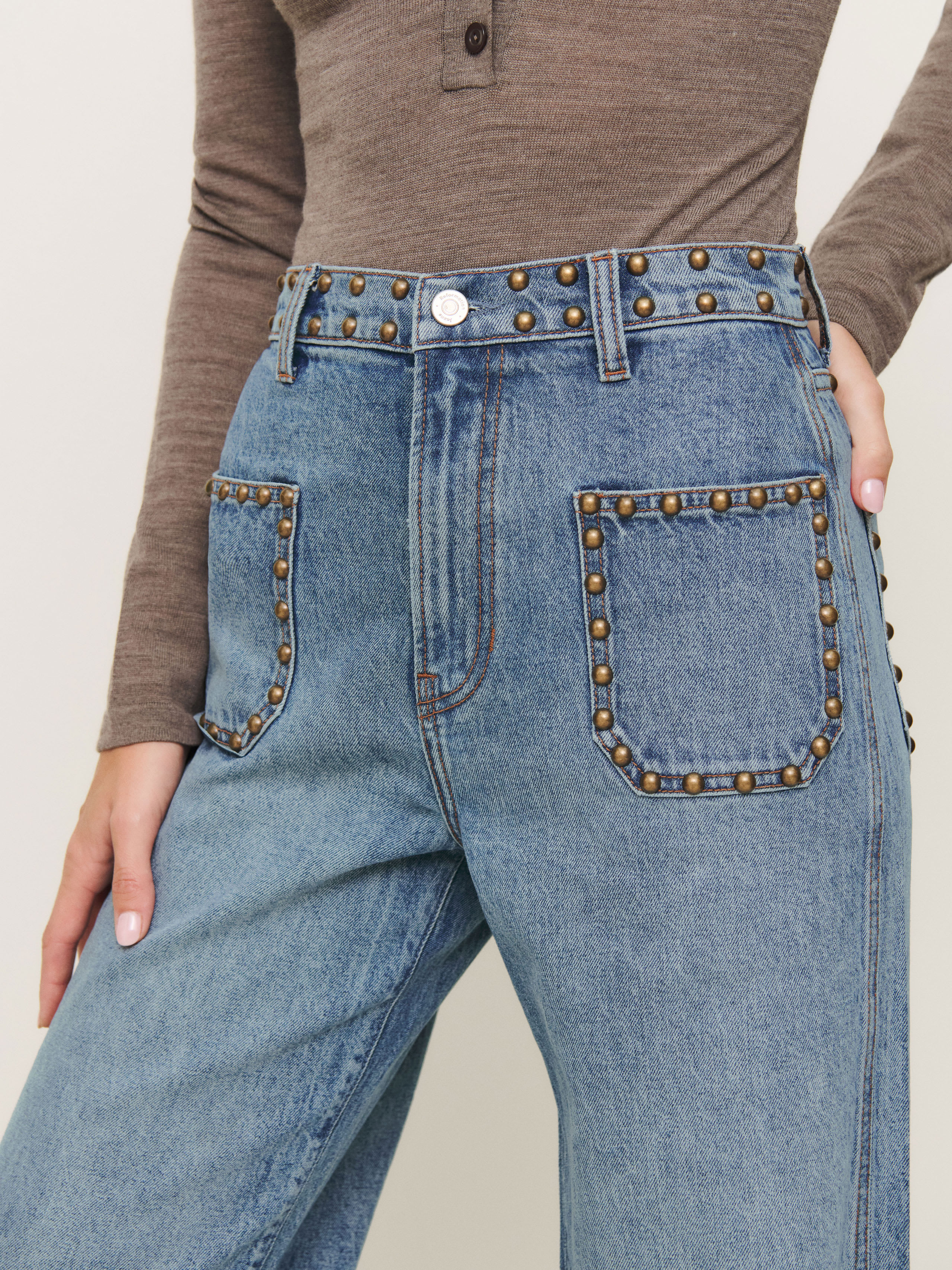 Reformation Cary Stretch High Rise Slouchy Wide Leg Jeans In Morana Studded Patch Pocket