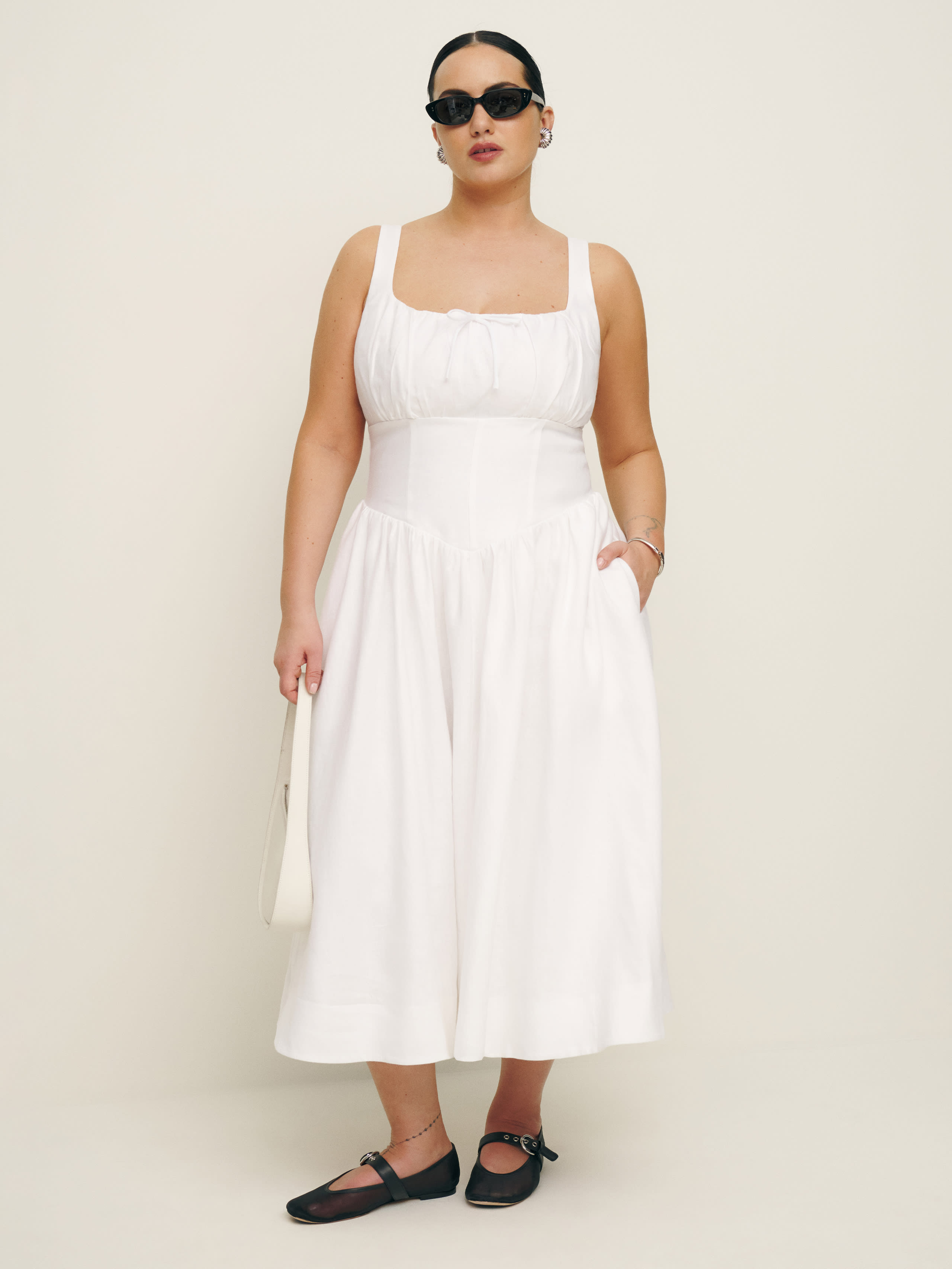 chinese dress ladies Final Sale Plus Size Self Tie Strap Light Weight Linen Blend Dress in Off White main image 0