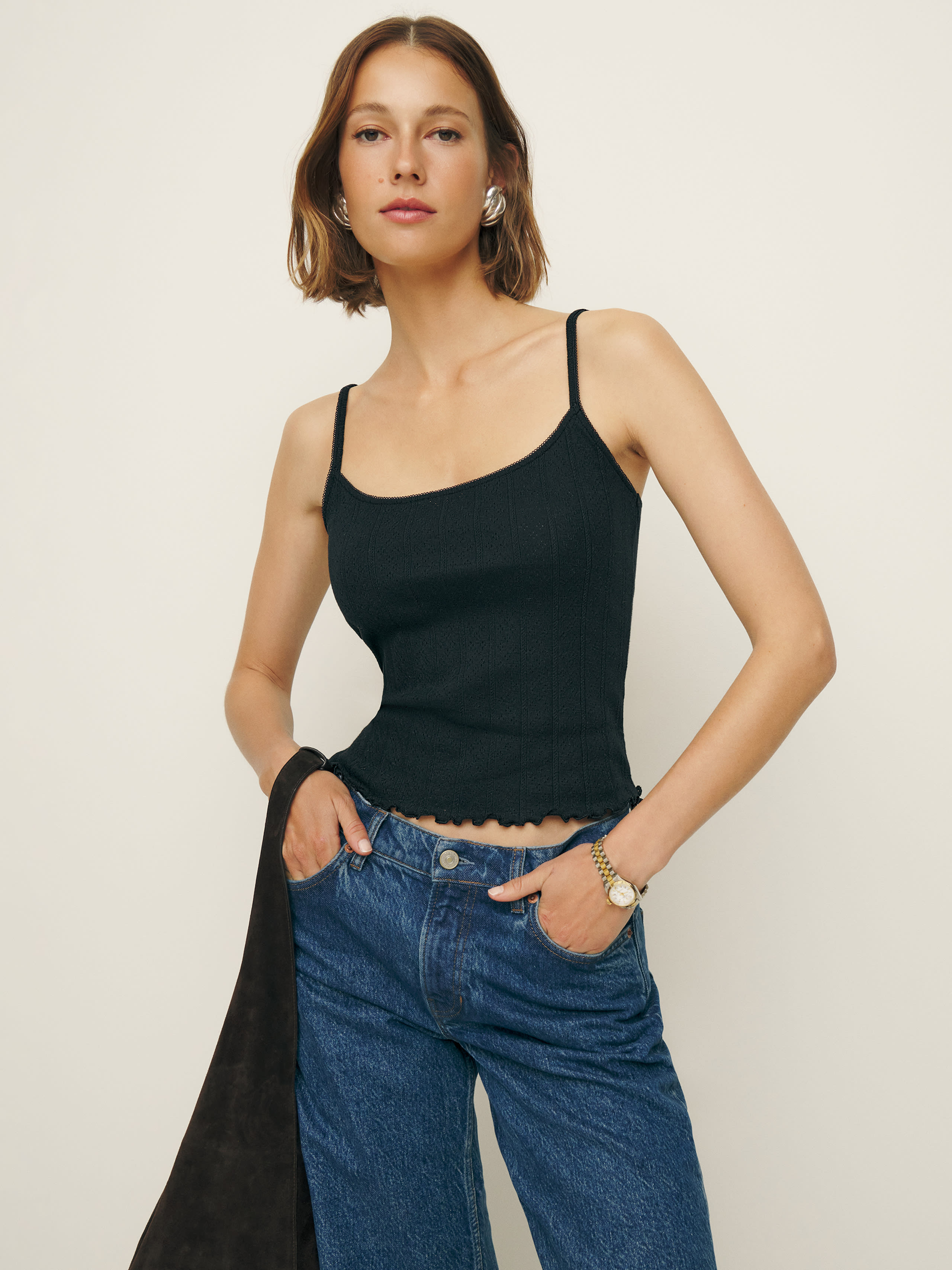 Reformation Soraya Pointelle Knit Top In Black