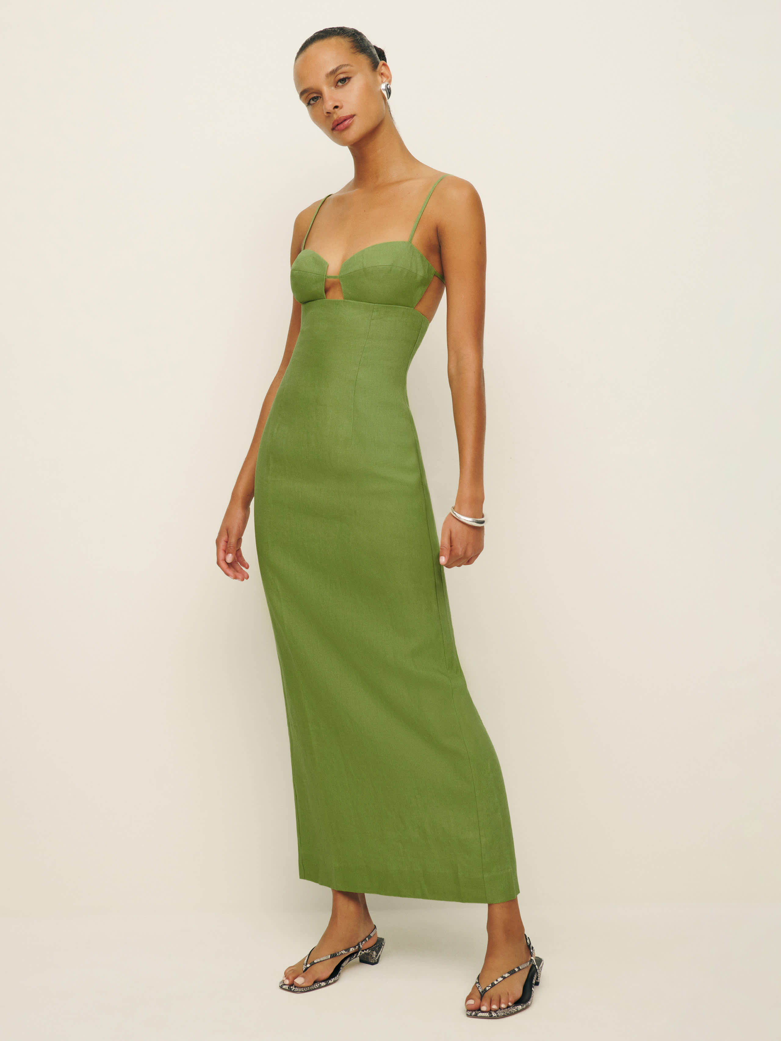 Shop Reformation Malibu Linen Dress In Avocado