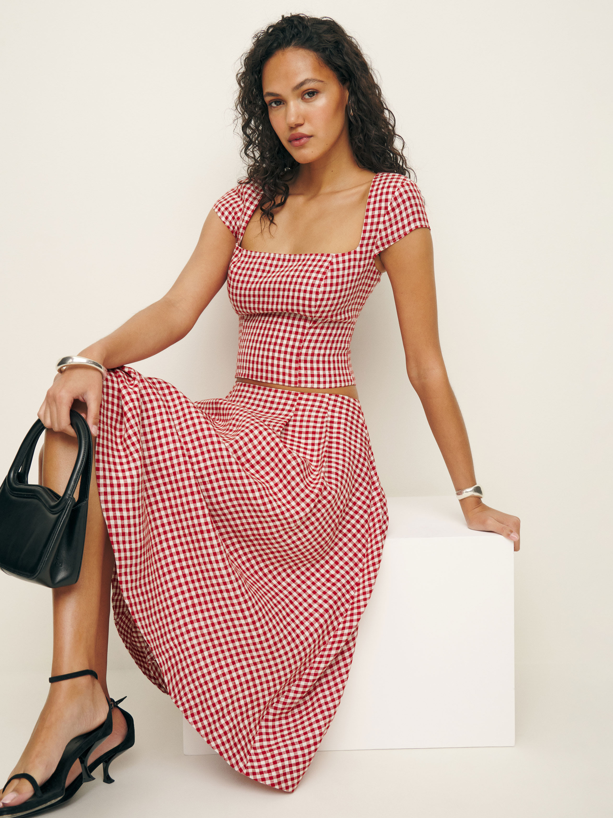 Shop Reformation Savannah Linen Two Piece In Tomato Check