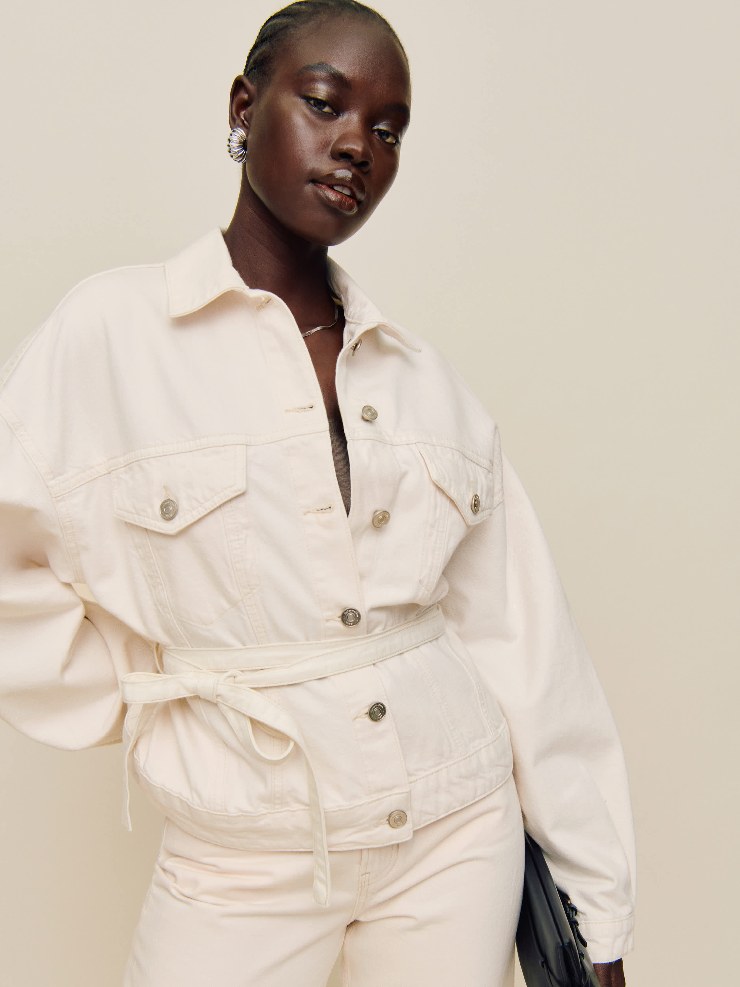 Reformation Luna Belted Denim Jacket In Fior Di Latte