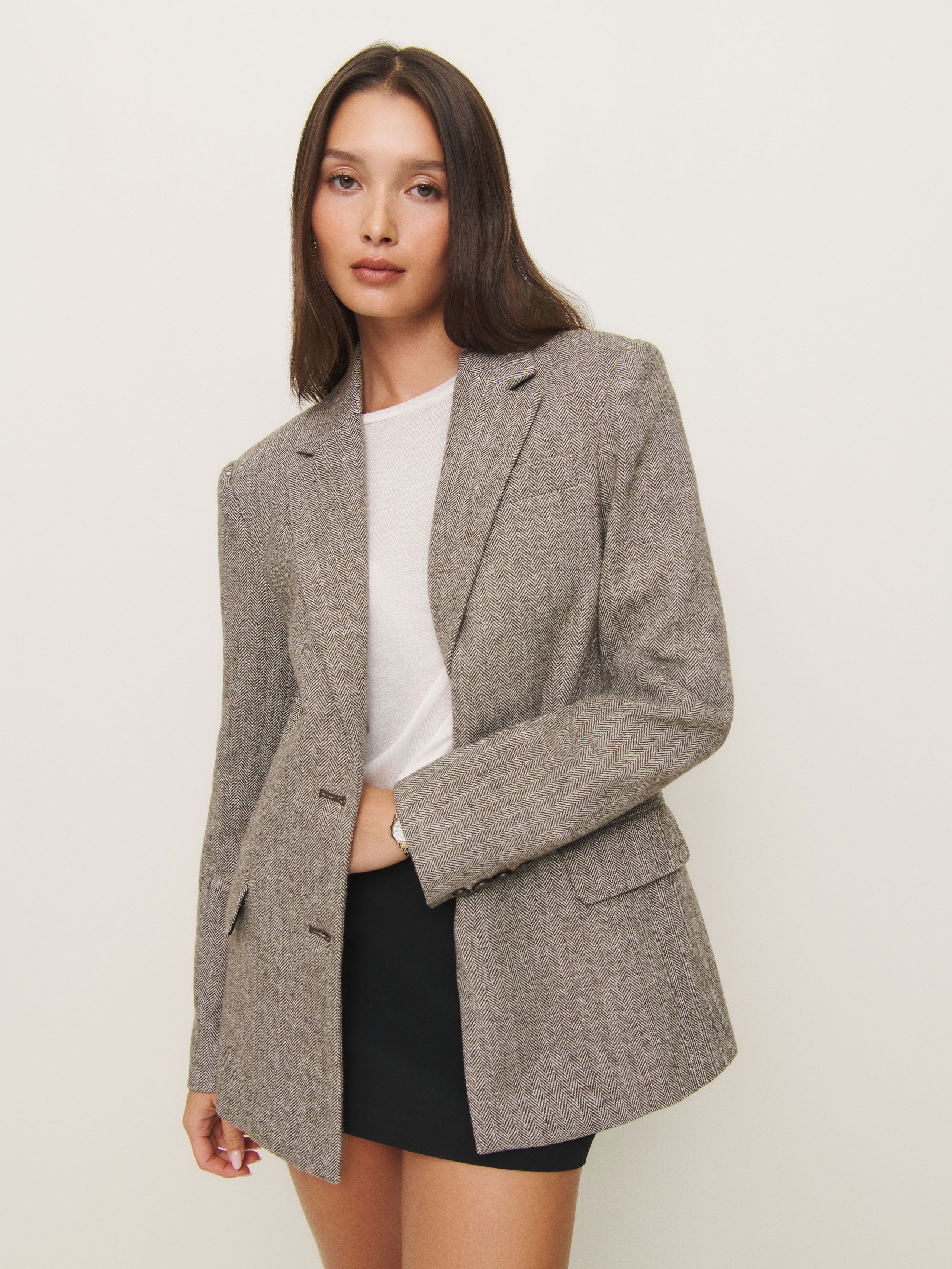Reformation James Relaxed Blazer In Brown Herringbone