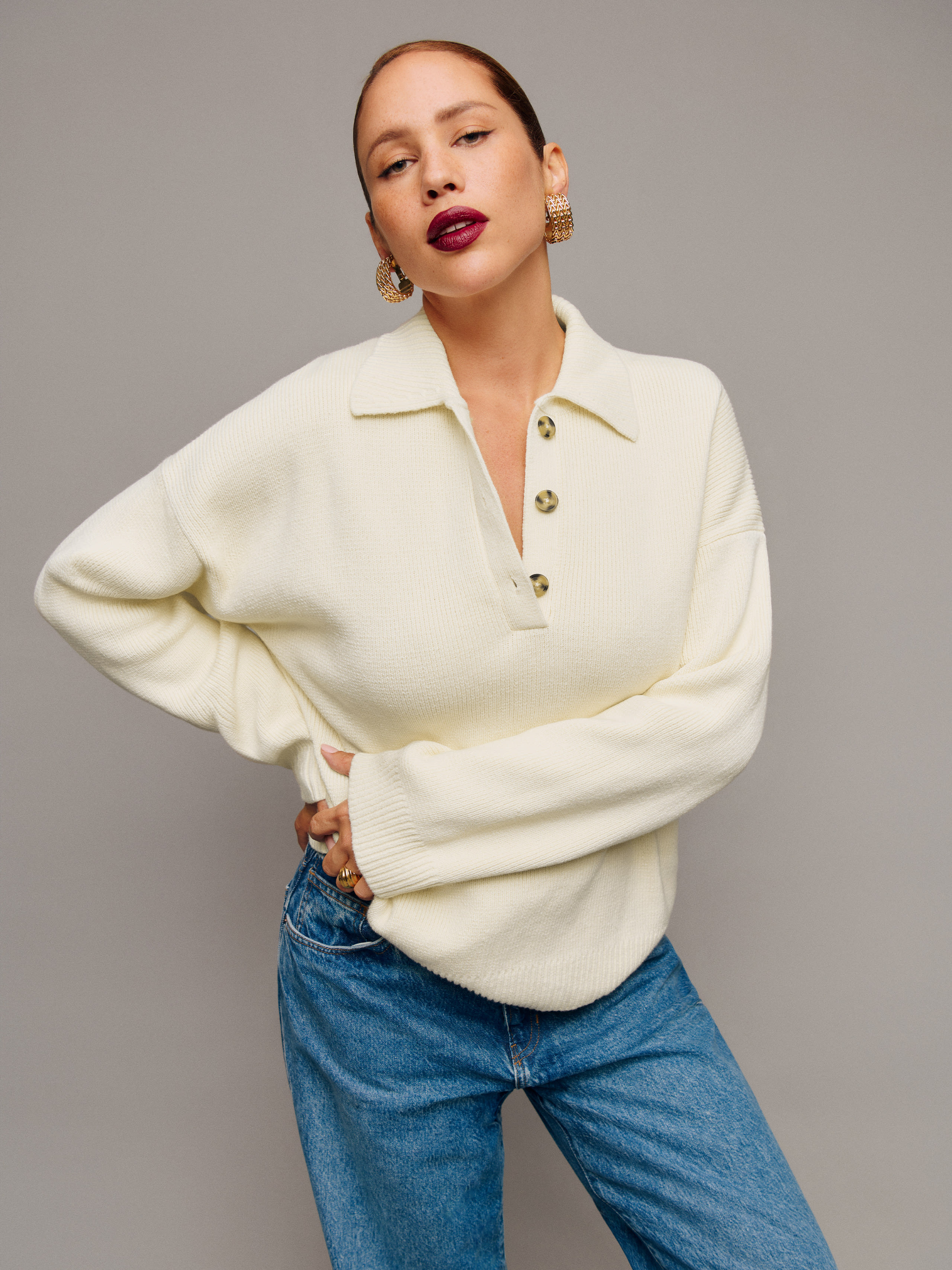 Reformation Brooklyn Cotton Polo Sweater In Gossamer