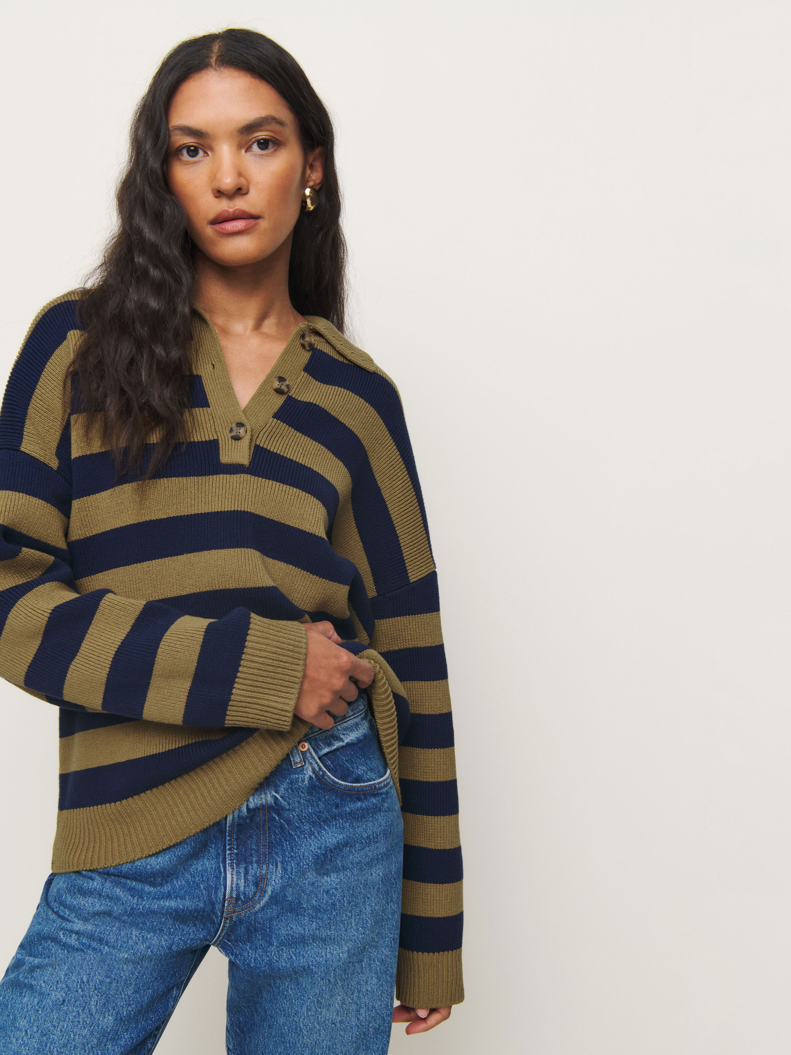 Reformation Brooklyn Cotton Polo Sweater In Bronze Navy Stripe