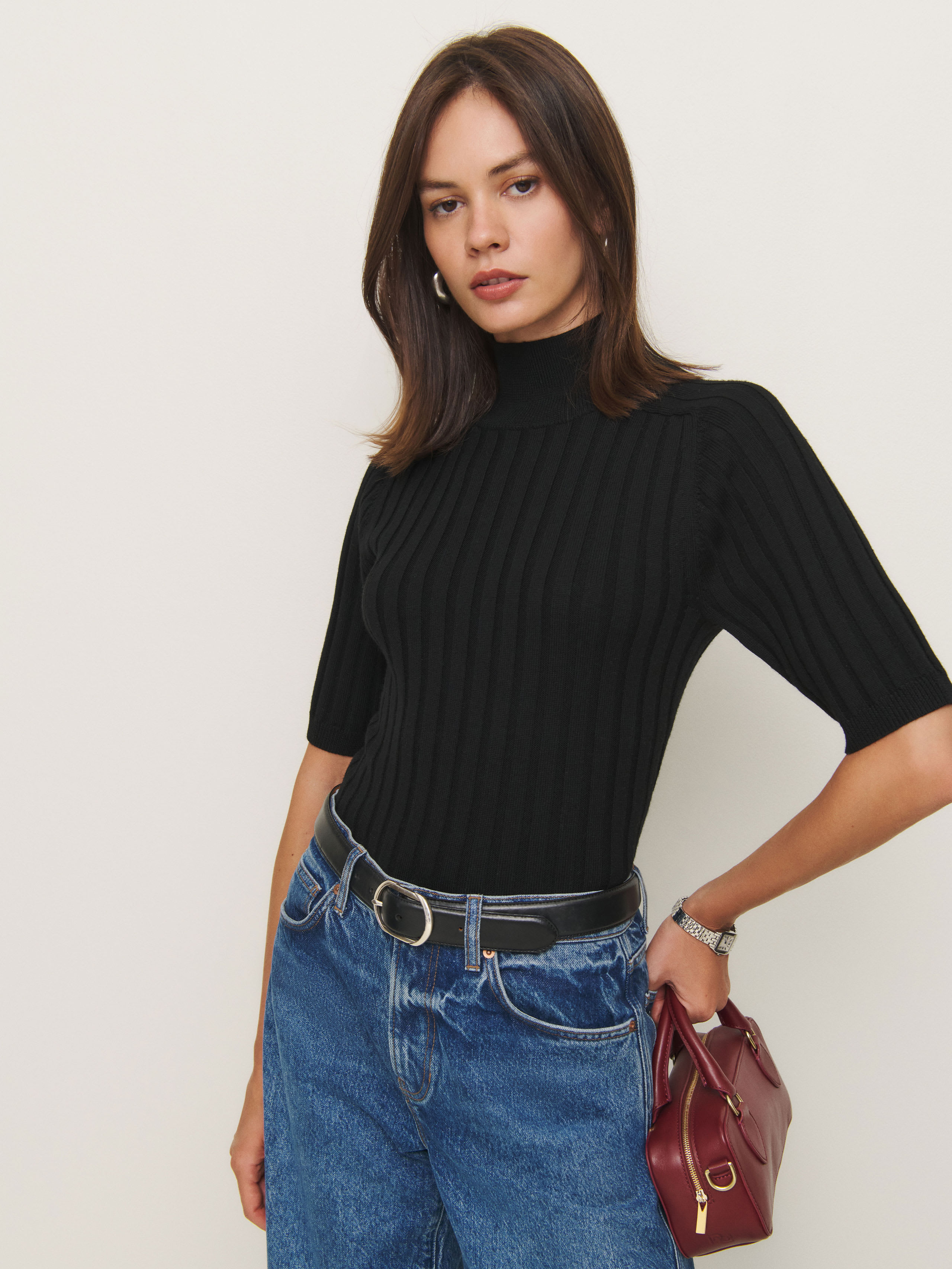 REFORMATION MARGOAX REGENERATIVE MERINO MOCK NECK SWEATER 