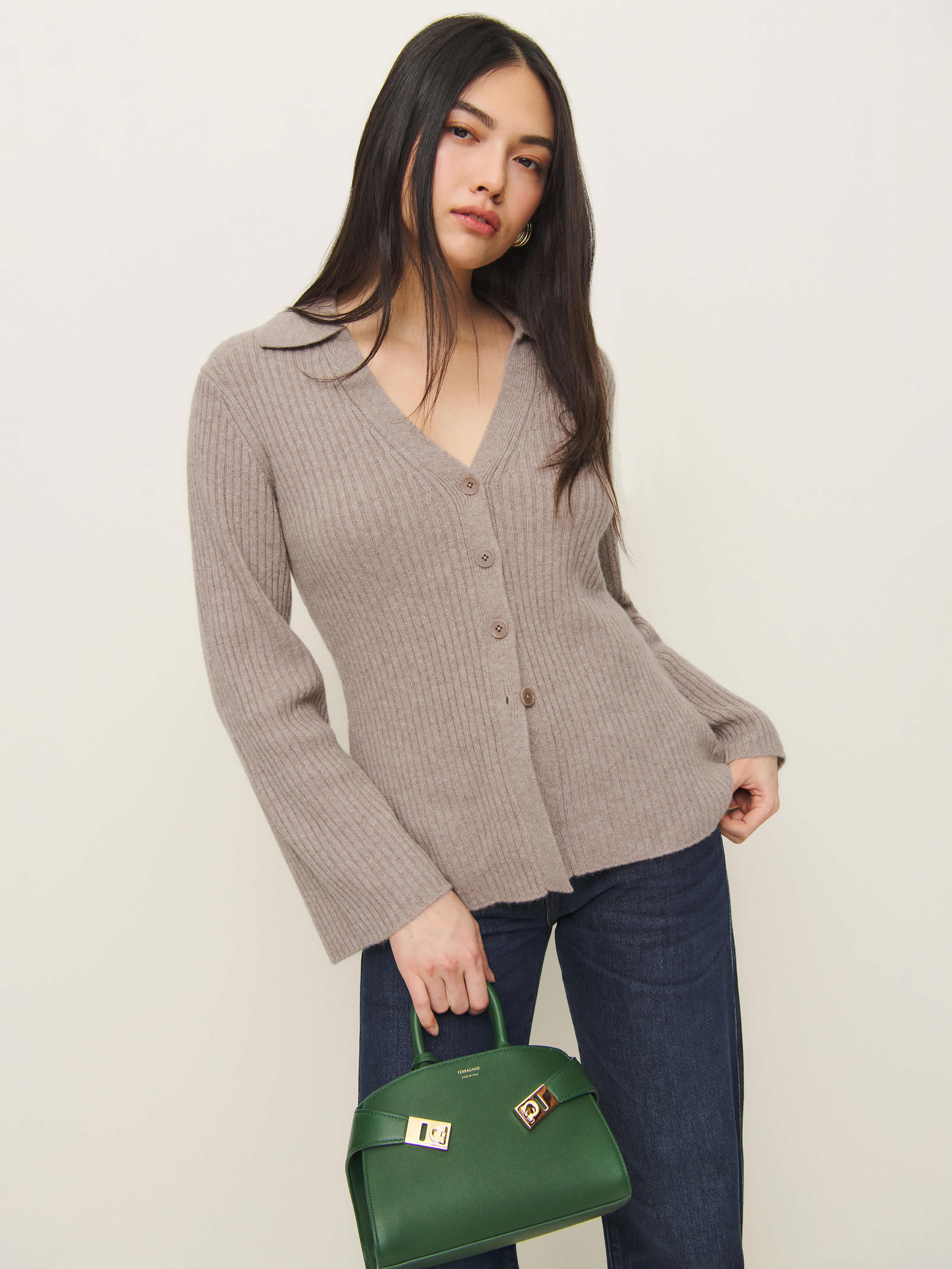 Reformation Shea Cashmere Collared Cardigan In Toast