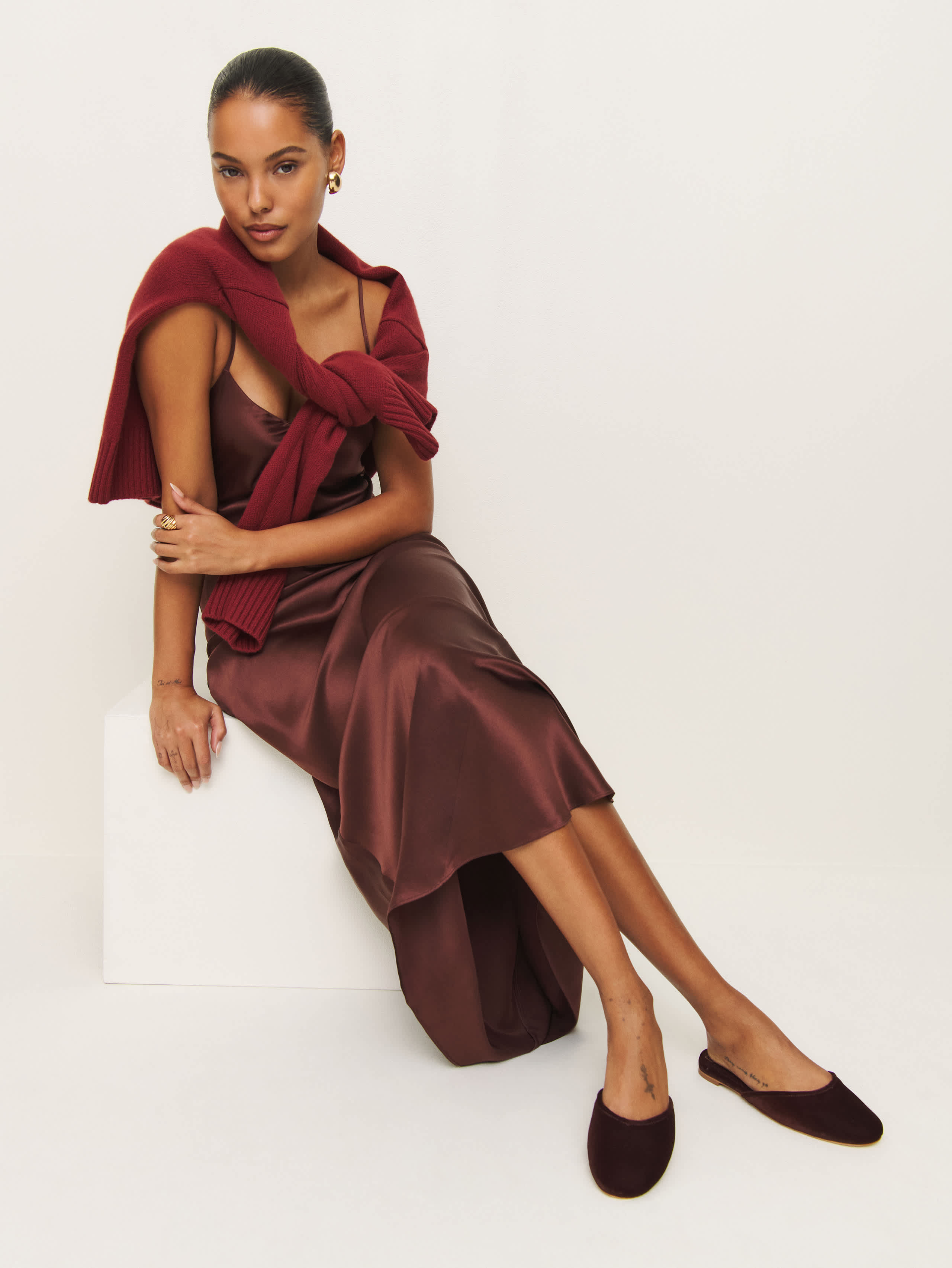 Reformation Melly Flat Mule In Dark Cherry Velvet