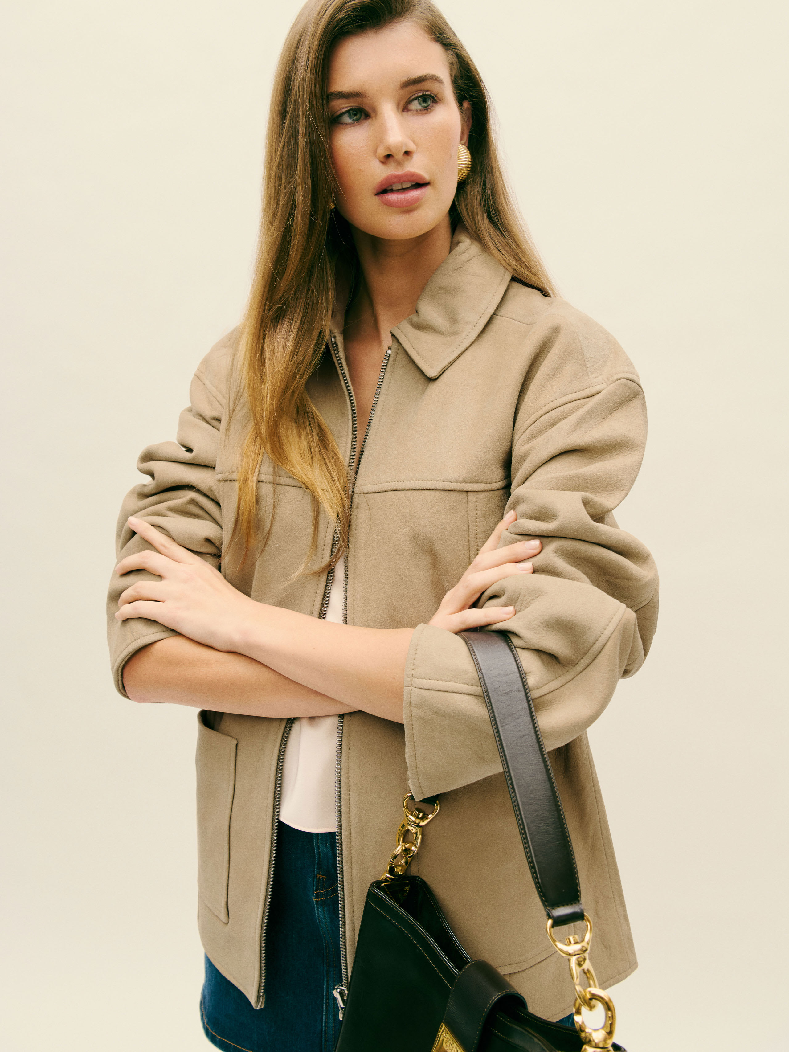 Reformation Veda Bennett Oversized Leather Bomber In Oat Distressed