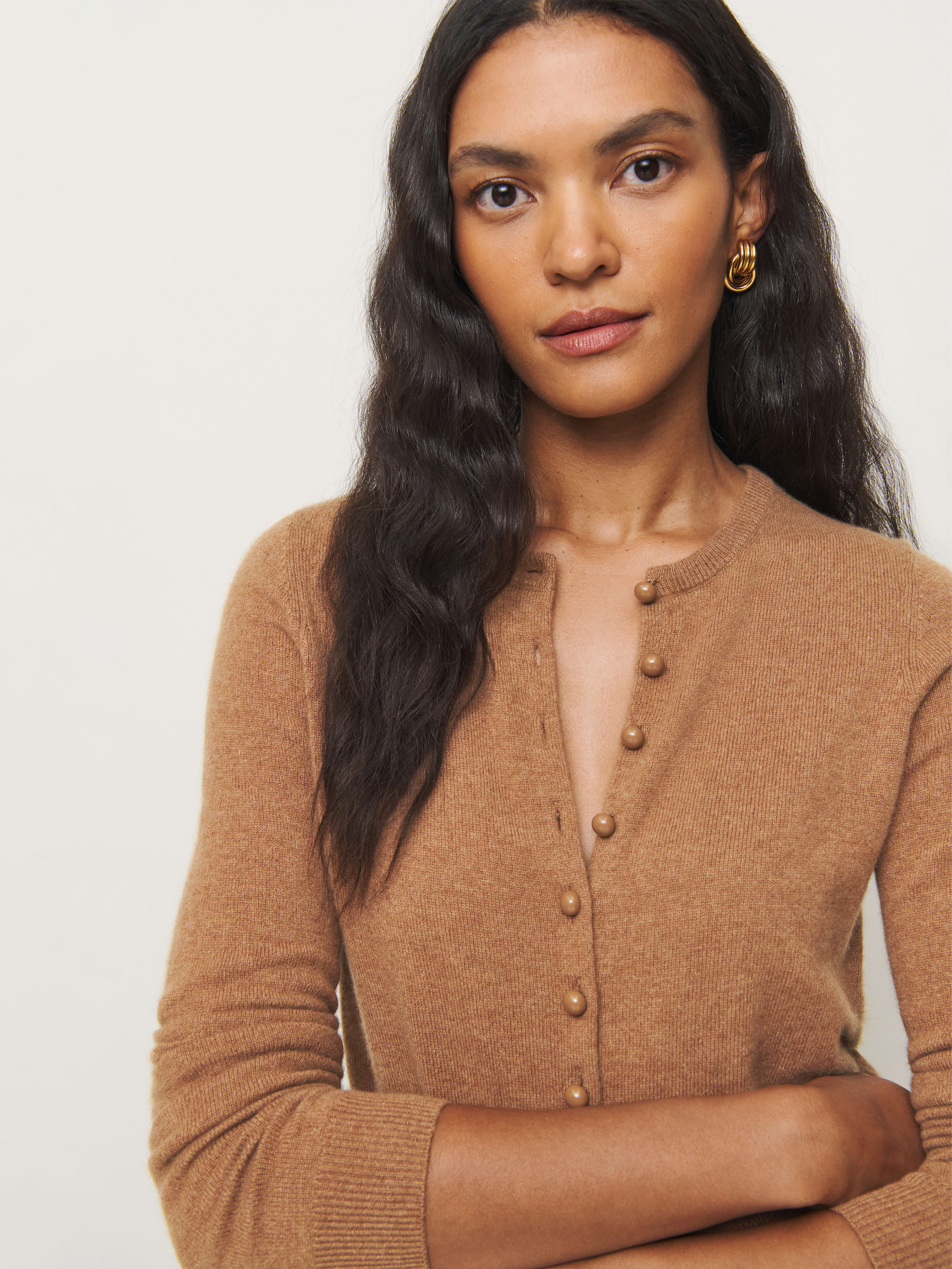 Reformation Caspia Cashmere Cropped Cardigan In Camel