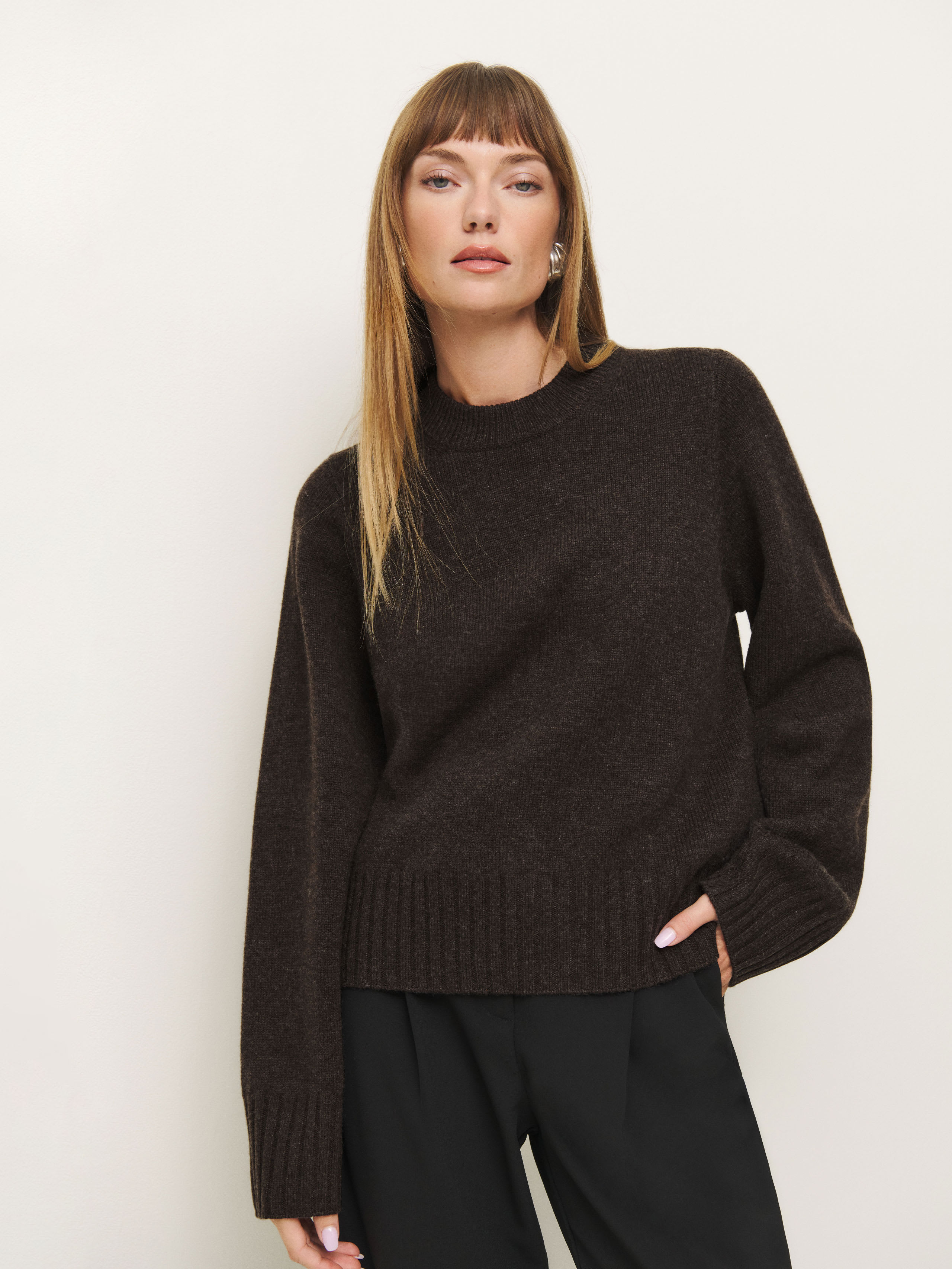 Shop Reformation Calloway Regenerative Wool Crew In Espresso