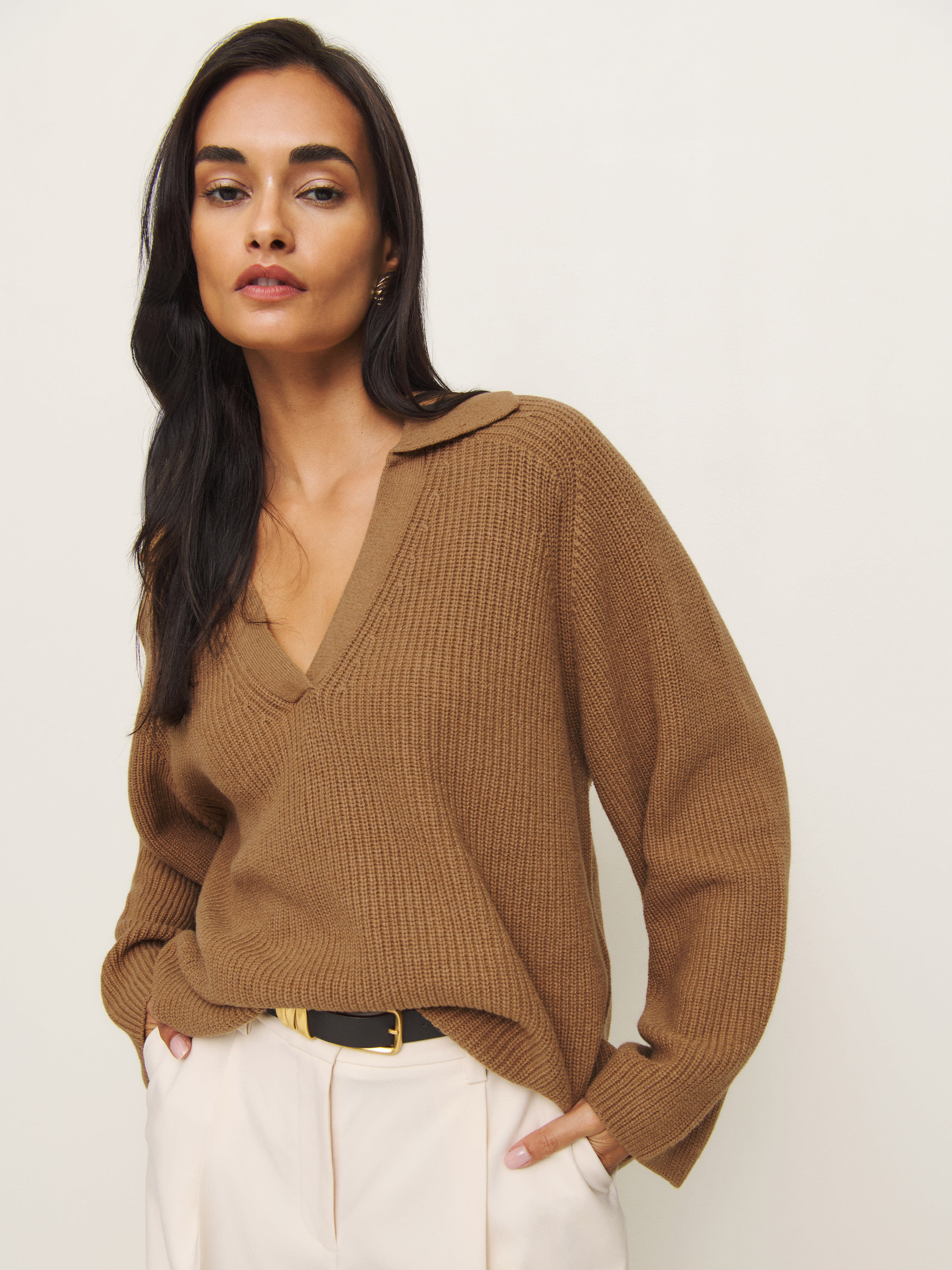 Reformation Esther Cashmere Blend Oversized Polo In Camel