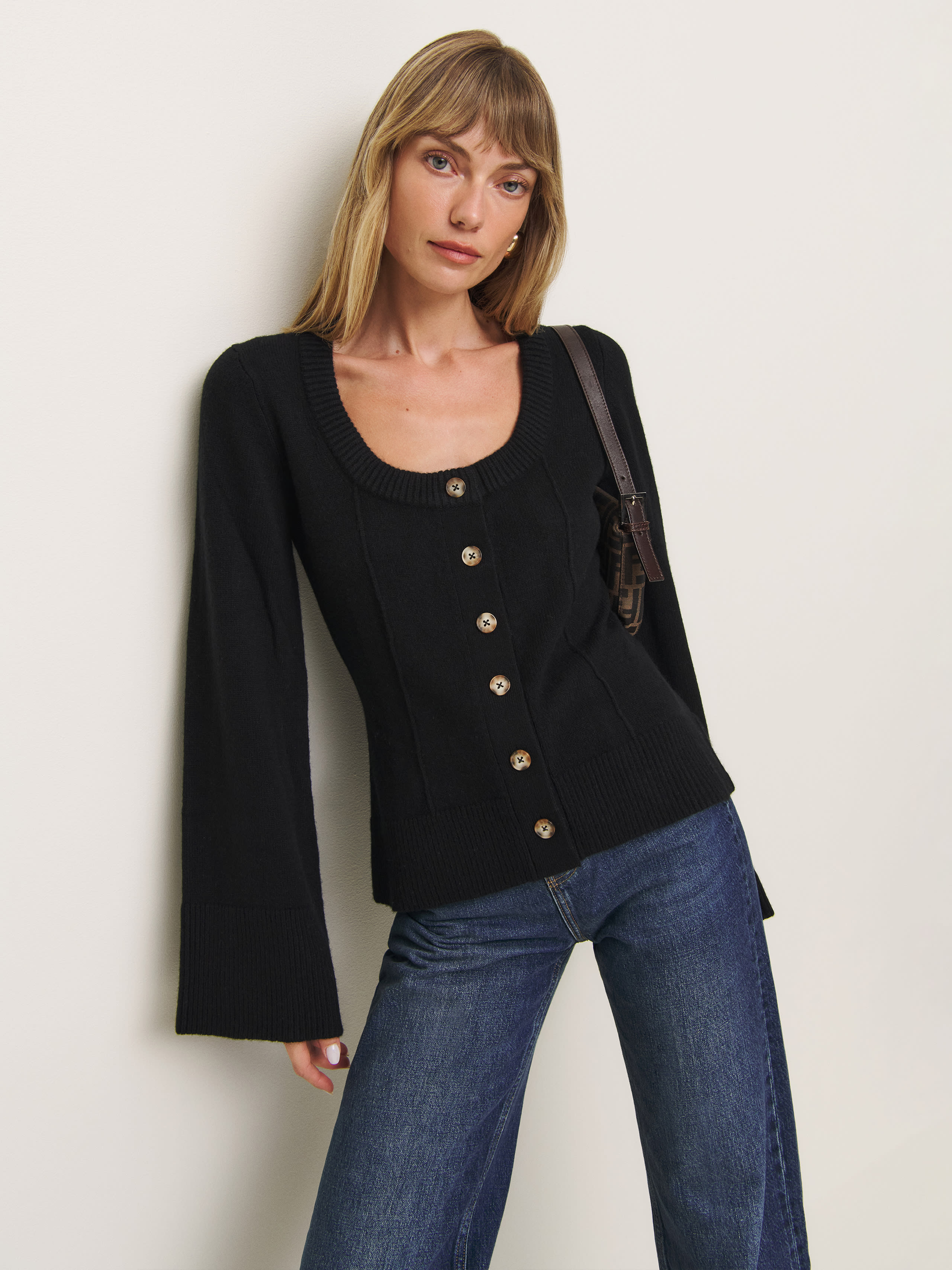 Reformation Karina Regenerative Wool Scoop Neck Cardigan In Black