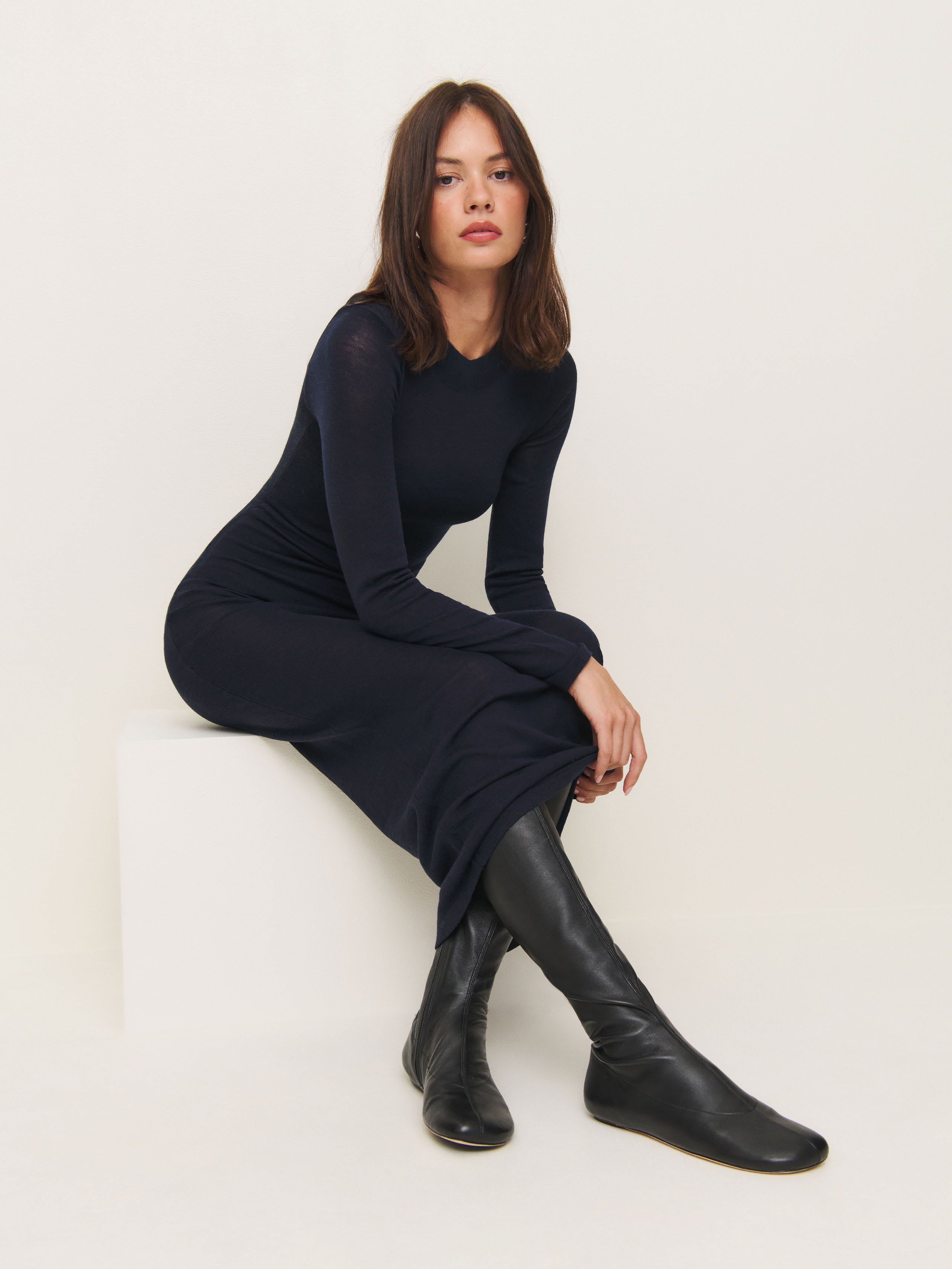 Reformation Bradshaw Knee High Boot In Black Stretch Leather