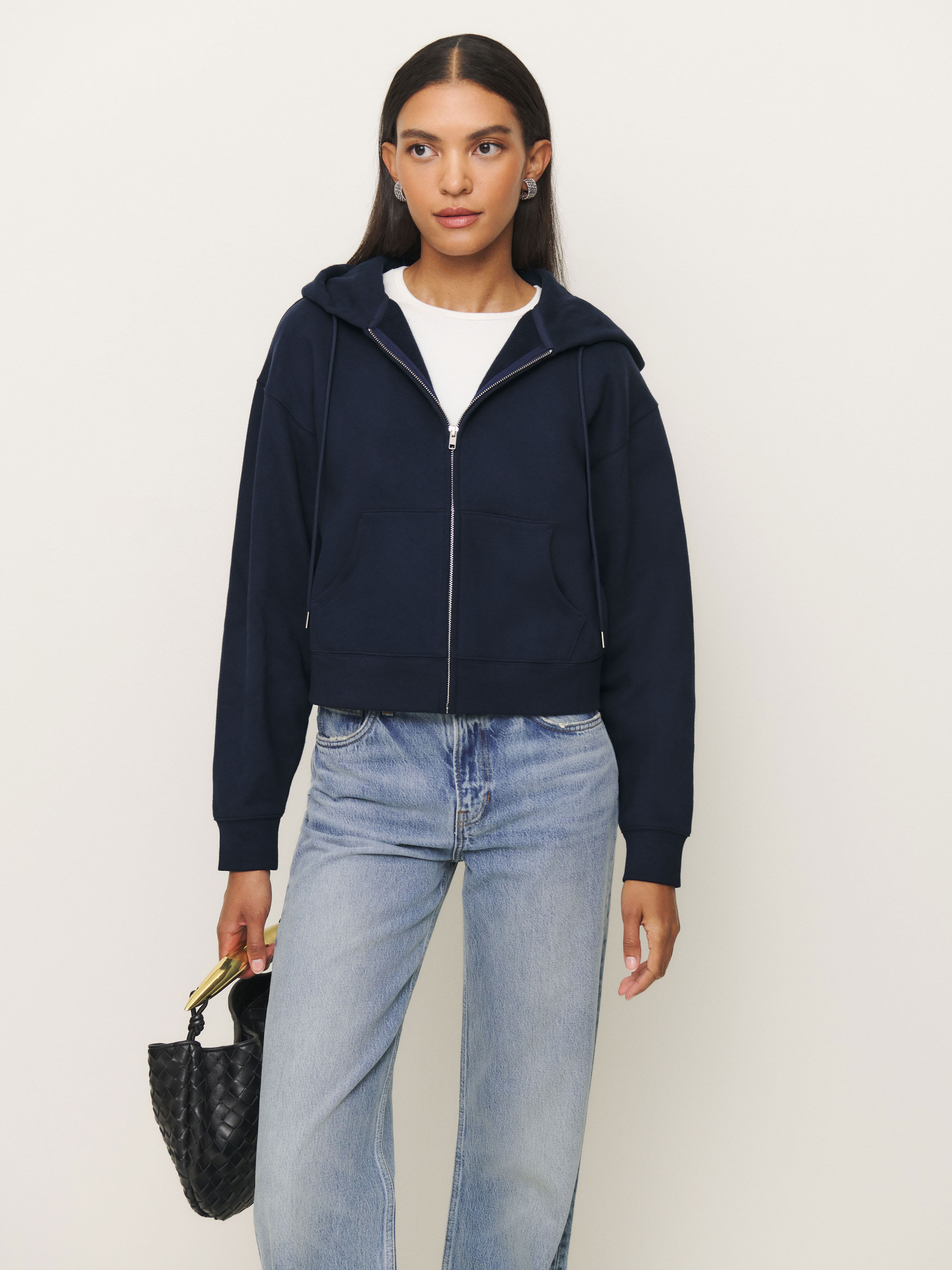 Shop Reformation Austin Zip Up Hoodie In Midnight