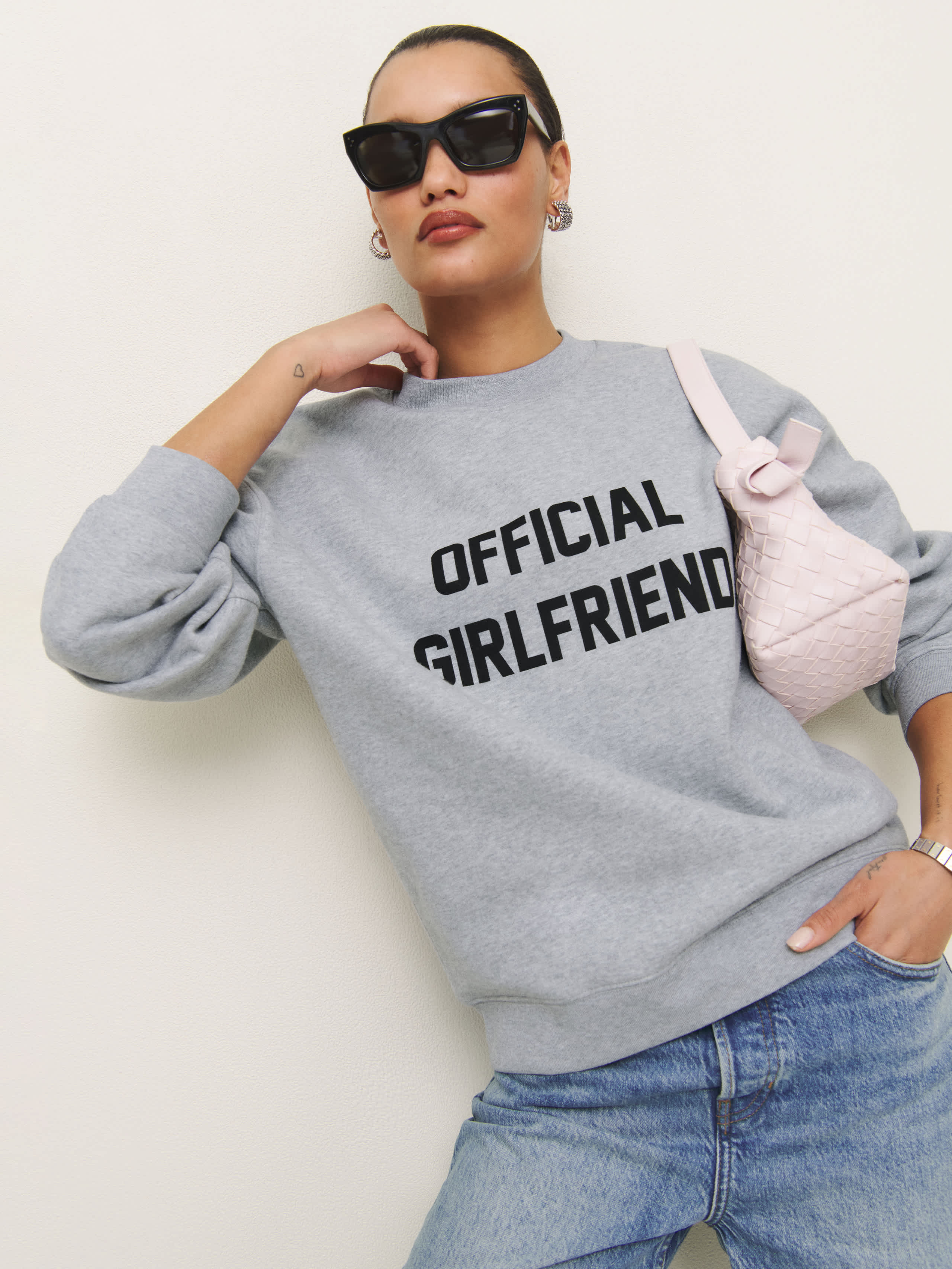Shop Reformation Emma Classic Crewneck Sweatshirt In Official Girlfriend Sweatshirt Heather Grey And Black