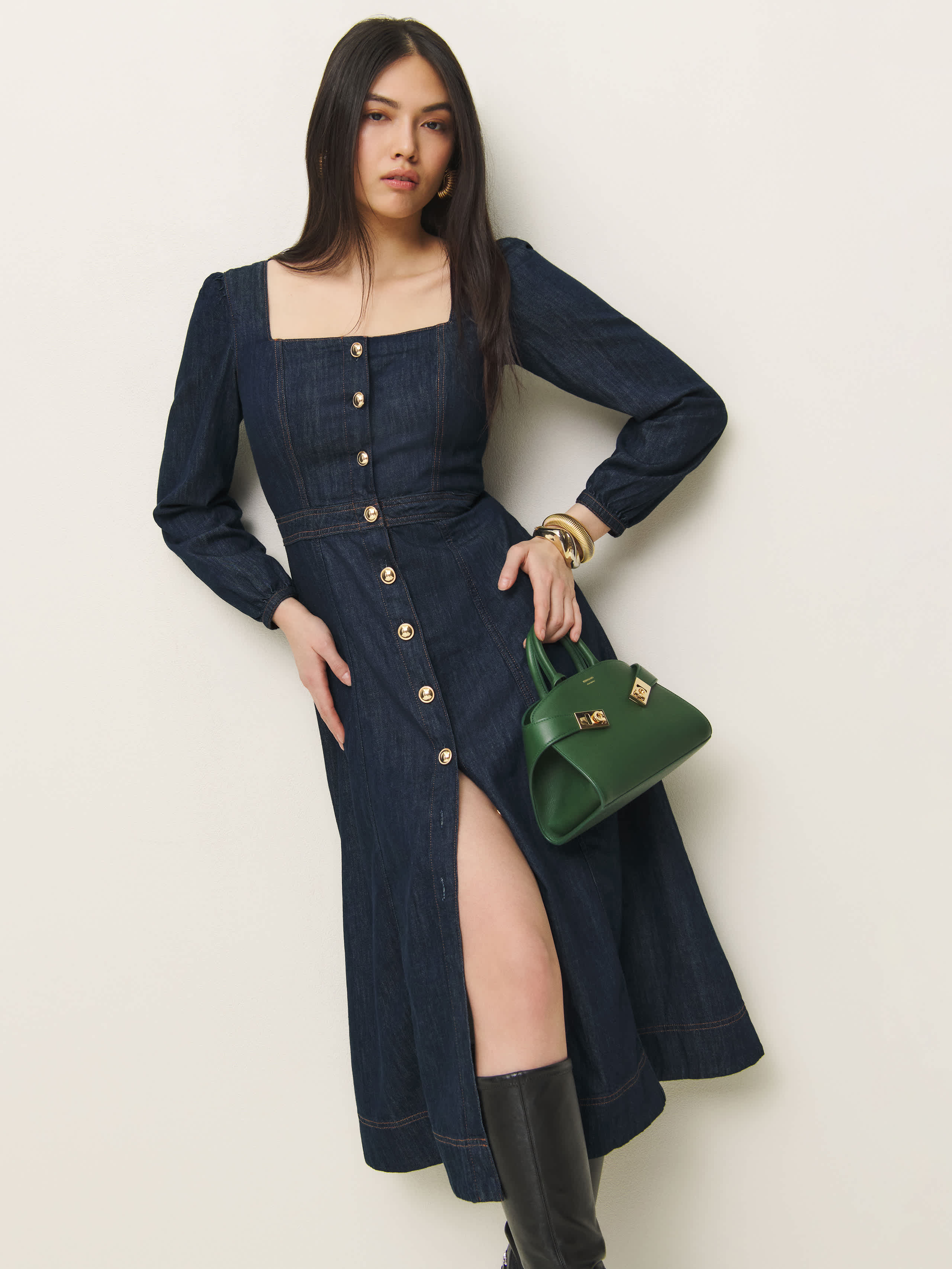 Reformation Celeste Denim Midi Dress In Liffey