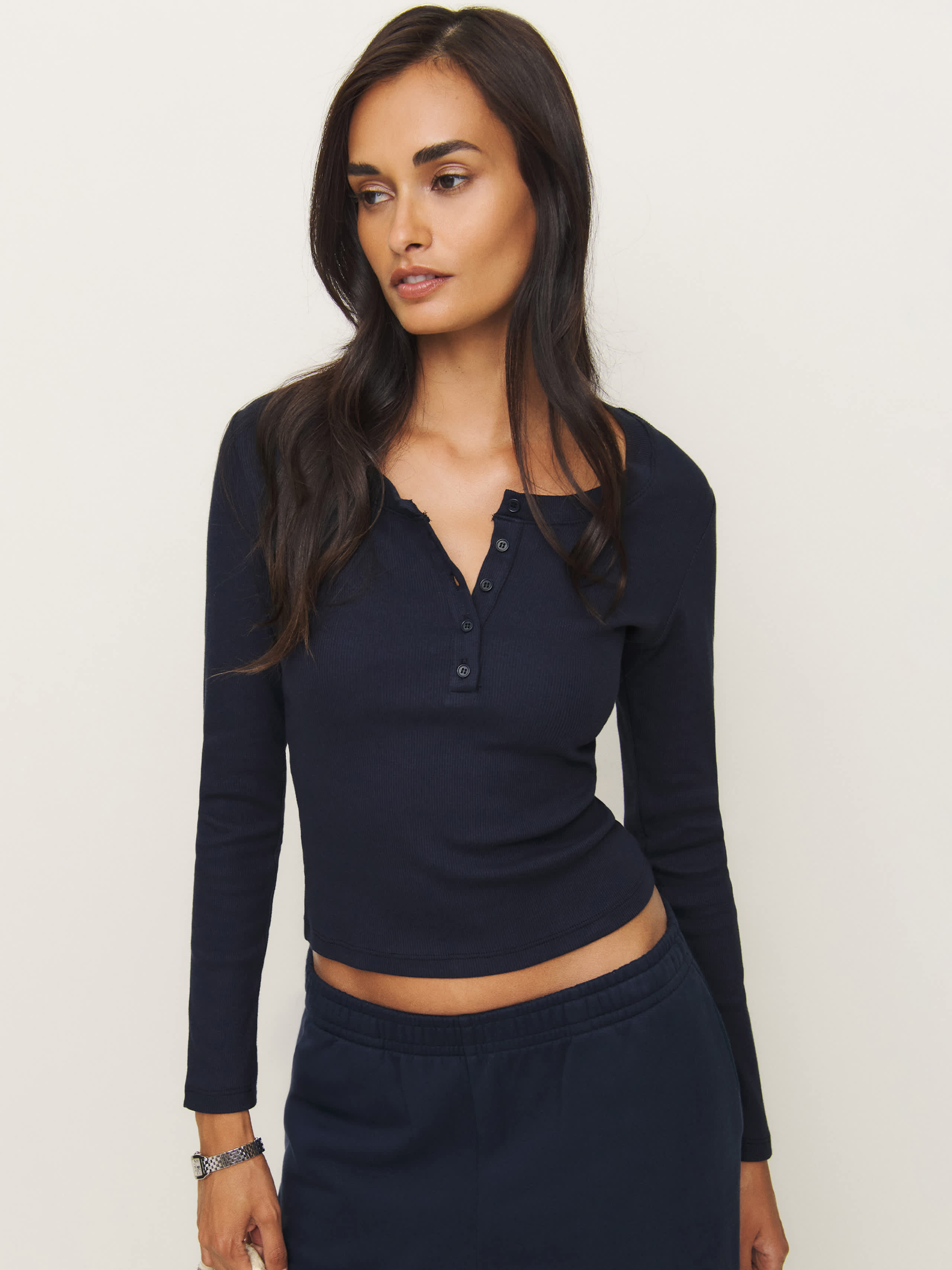 Shop Reformation Jayden Long Sleeve Henley Tee In Midnight