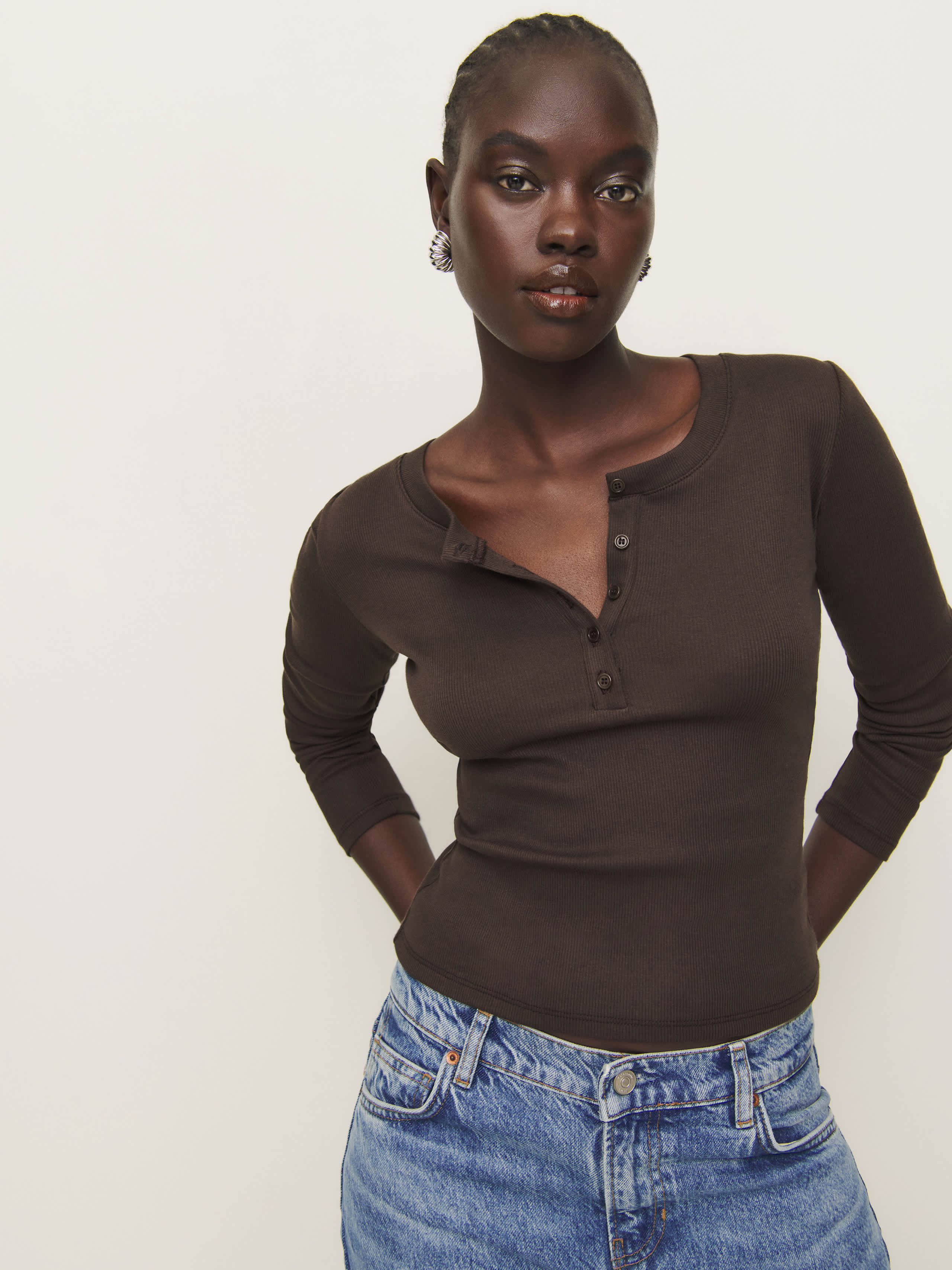 Shop Reformation Jayden Long Sleeve Henley Tee In Mole
