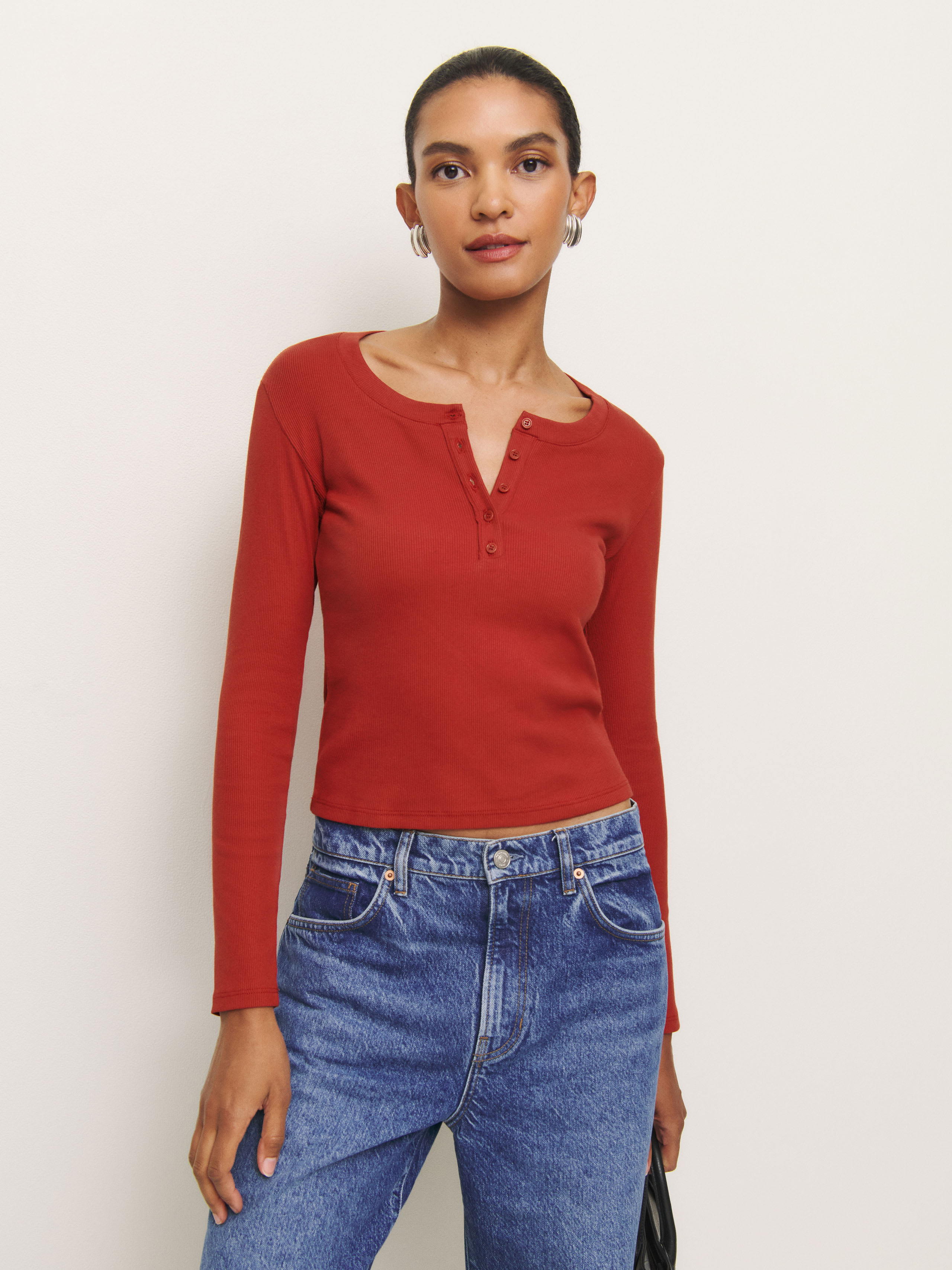 Reformation Jayden Long Sleeve Henley Tee In Sundried Tomato