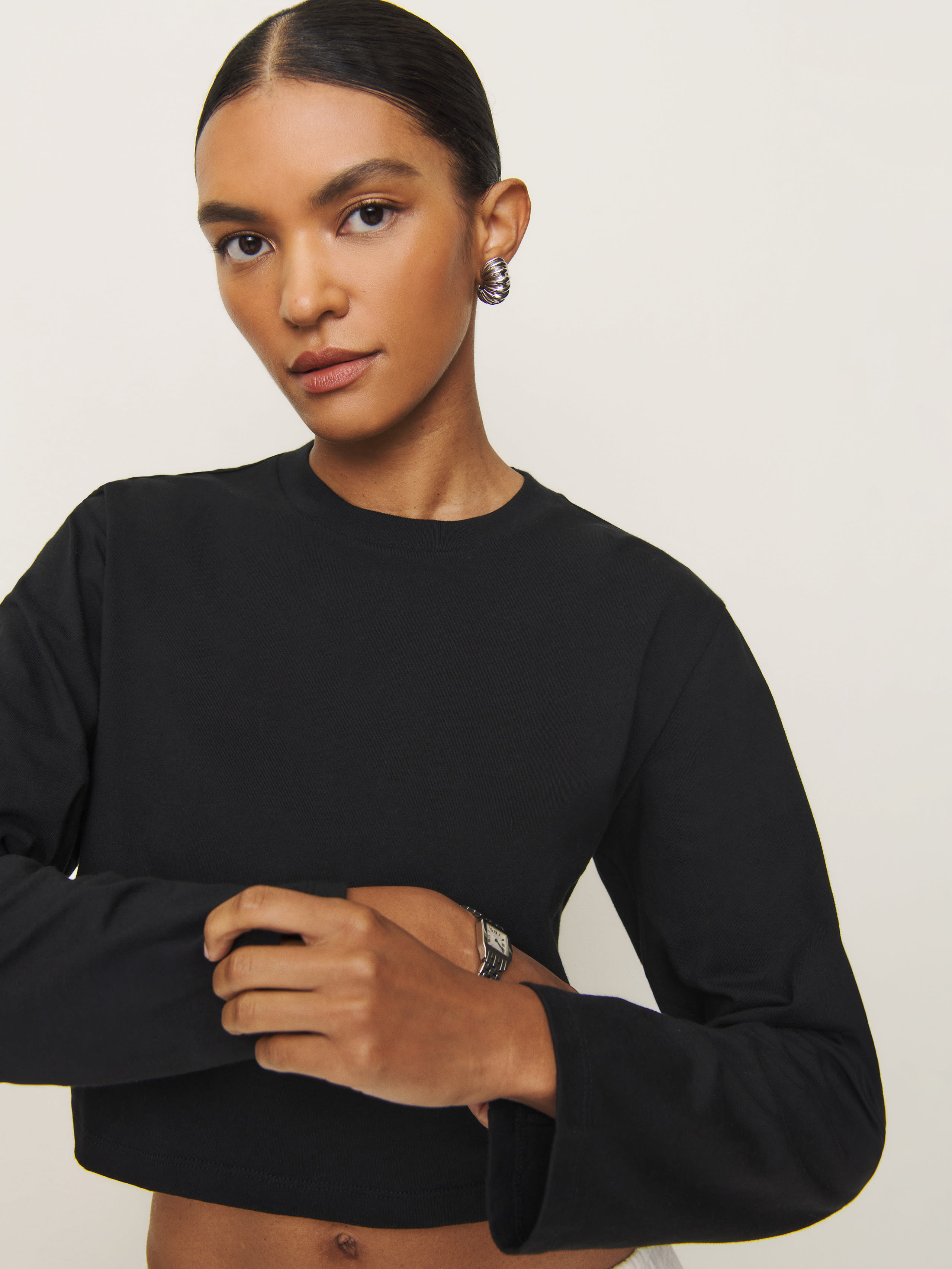 Shop Reformation Asher Cropped Oversized Longsleeve Tee In Black