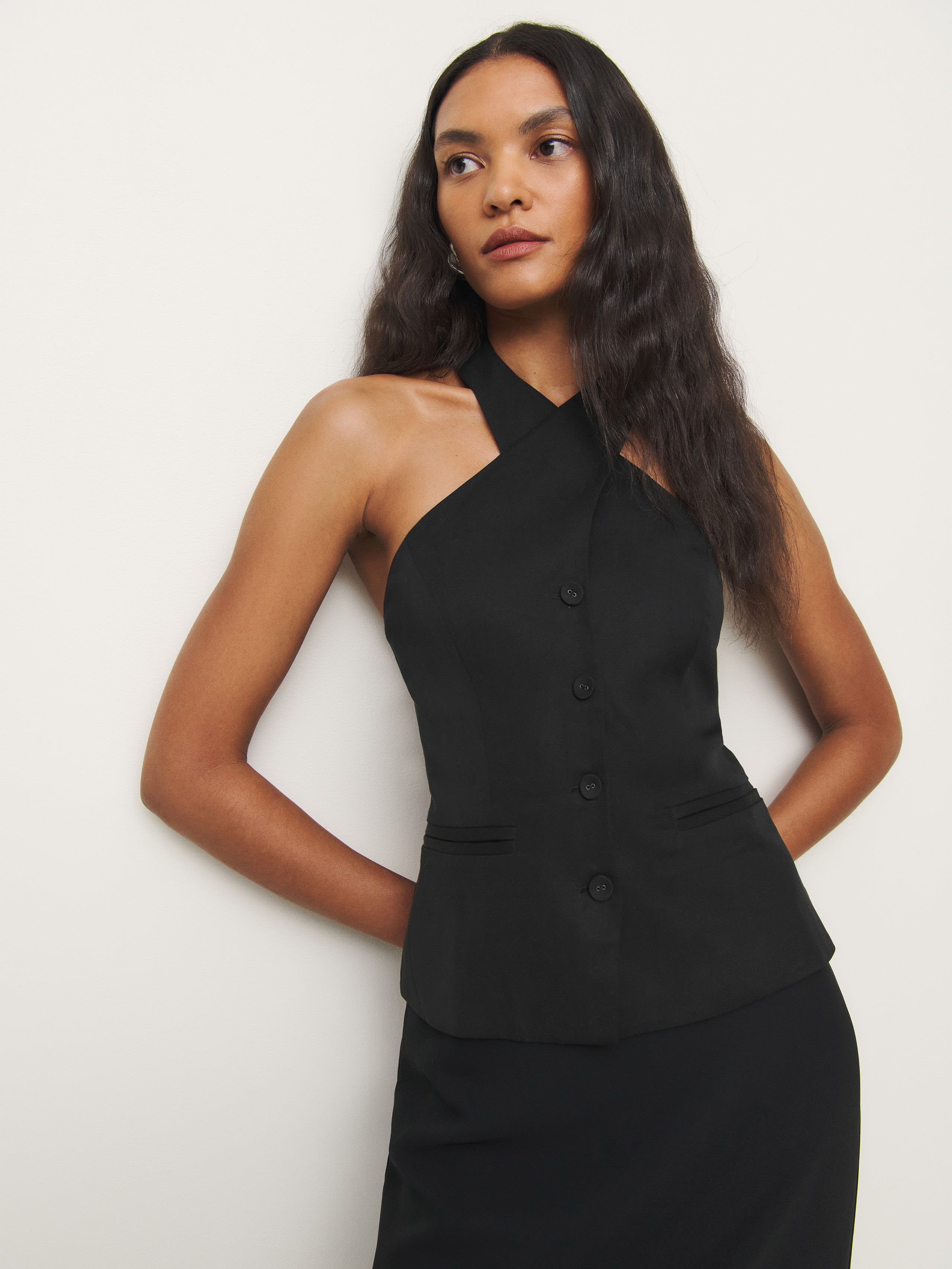 Reformation Tate Cross Neck Linen Top In Black
