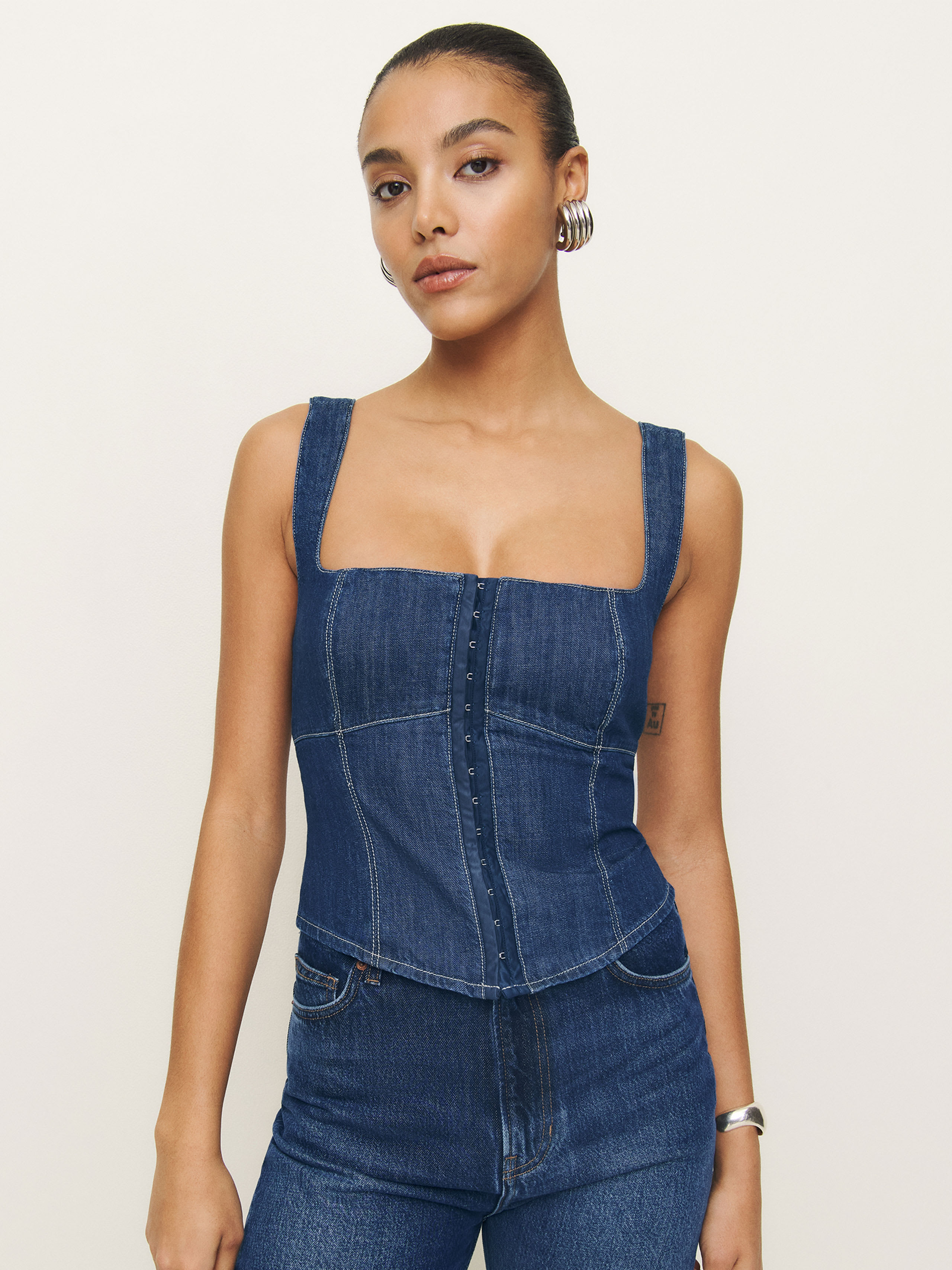 Reformation Tagliatelle Sleeveless Denim Shirt In Ellis