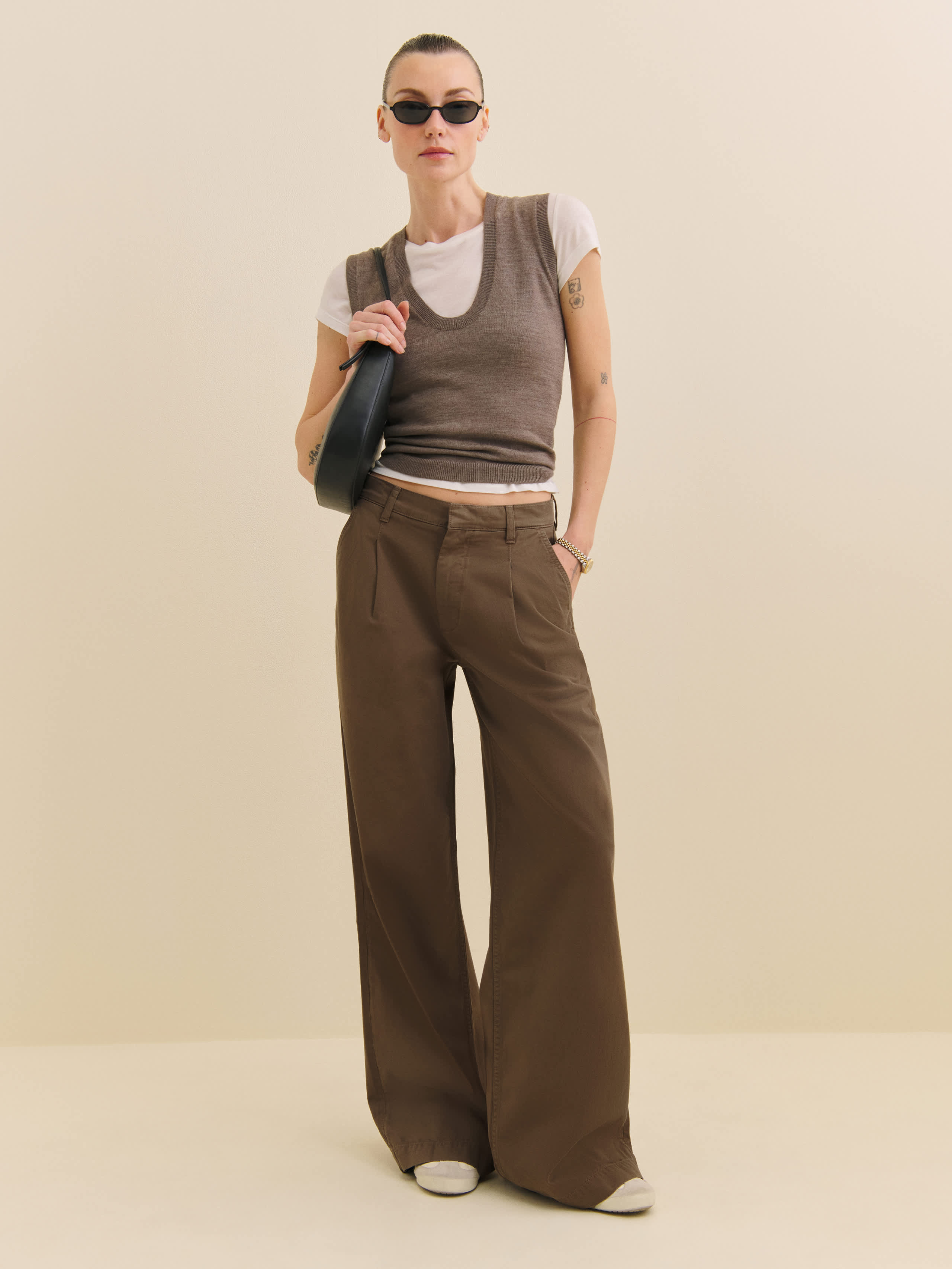Reformation Malia Mid Rise Wide Leg Twill Pants In Morel