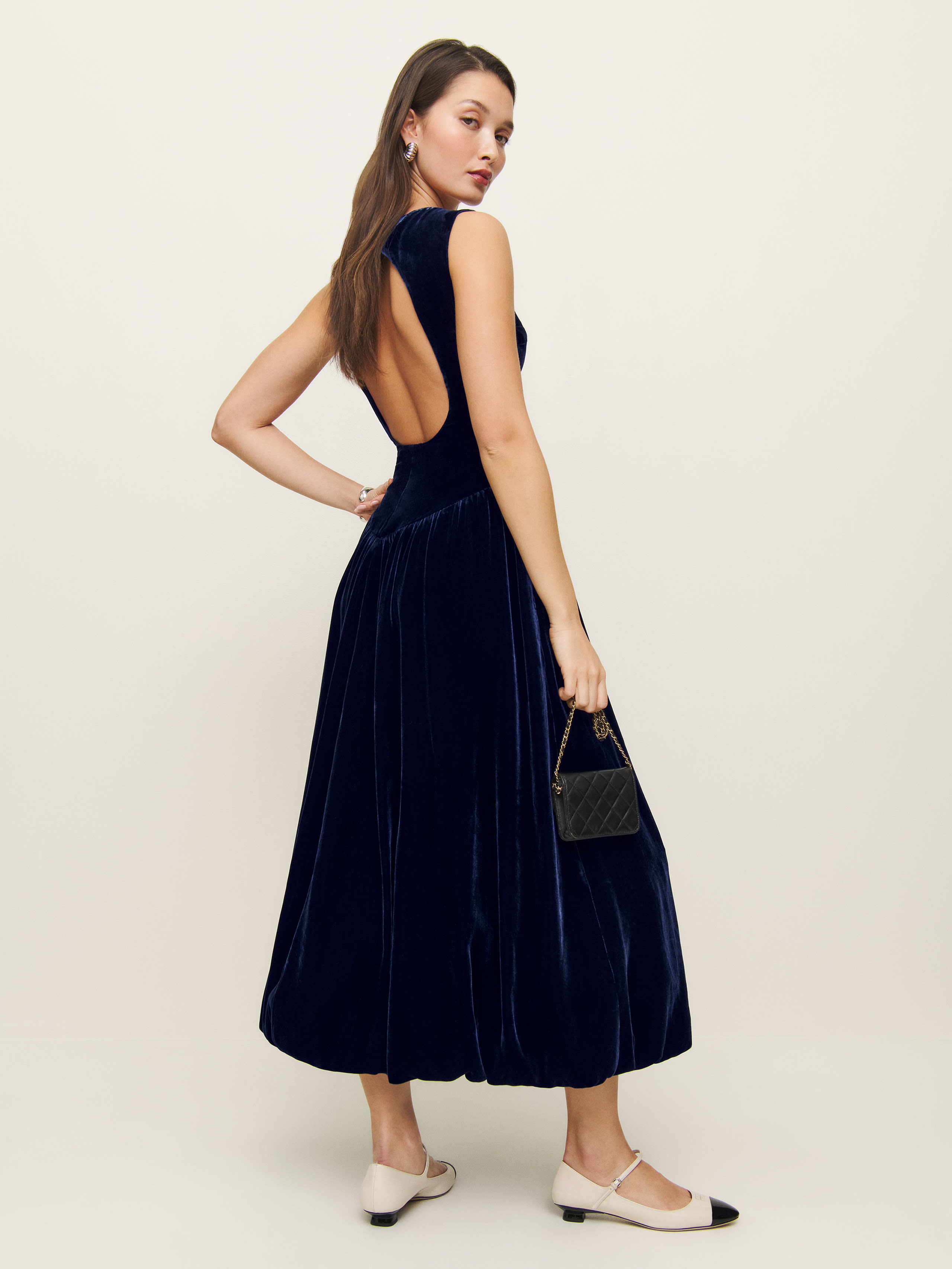 Reformation Elvira Velvet Dress In Navy