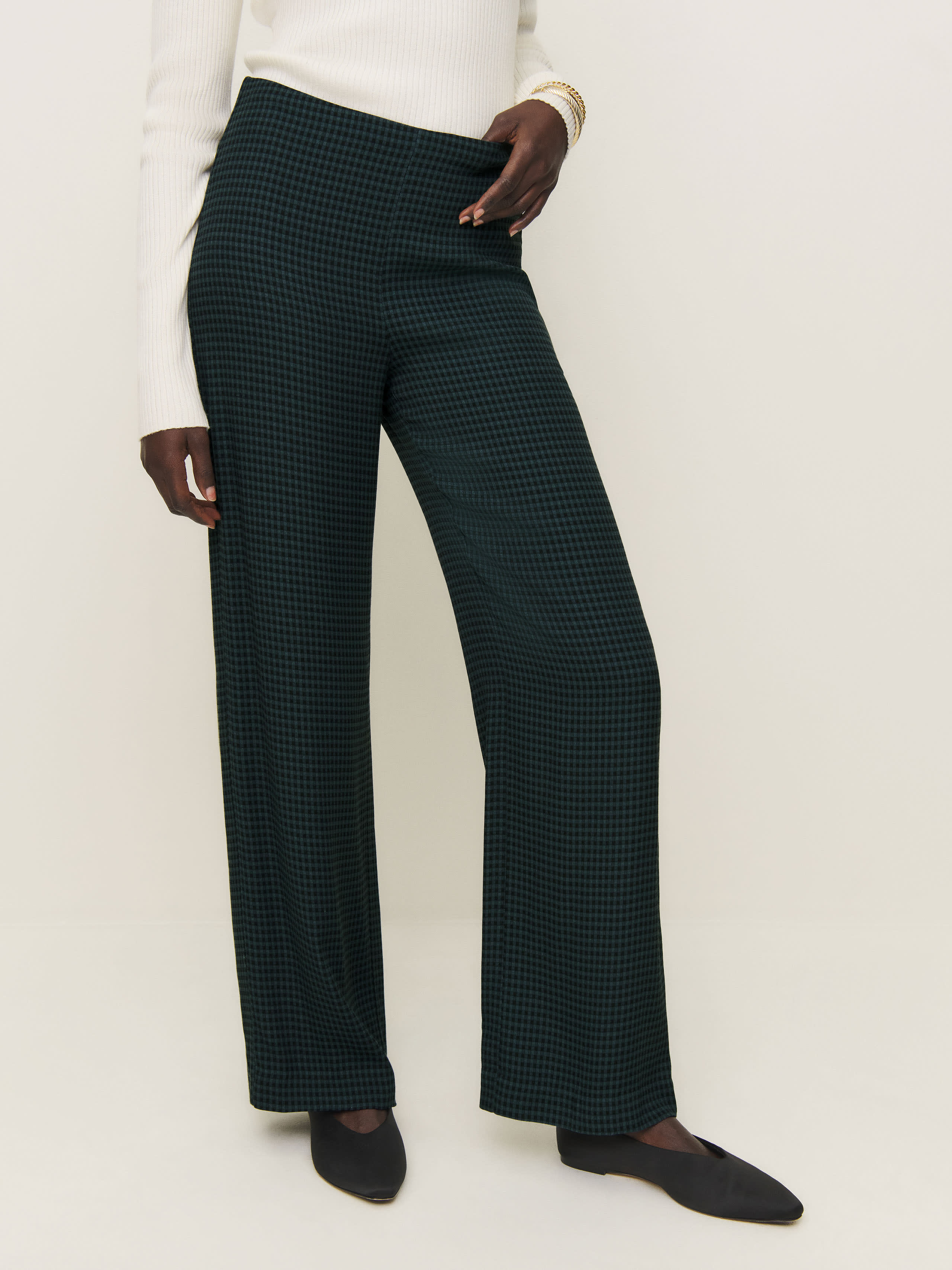 Reformation Hallie Mid Rise Pant In Dark Slate Check