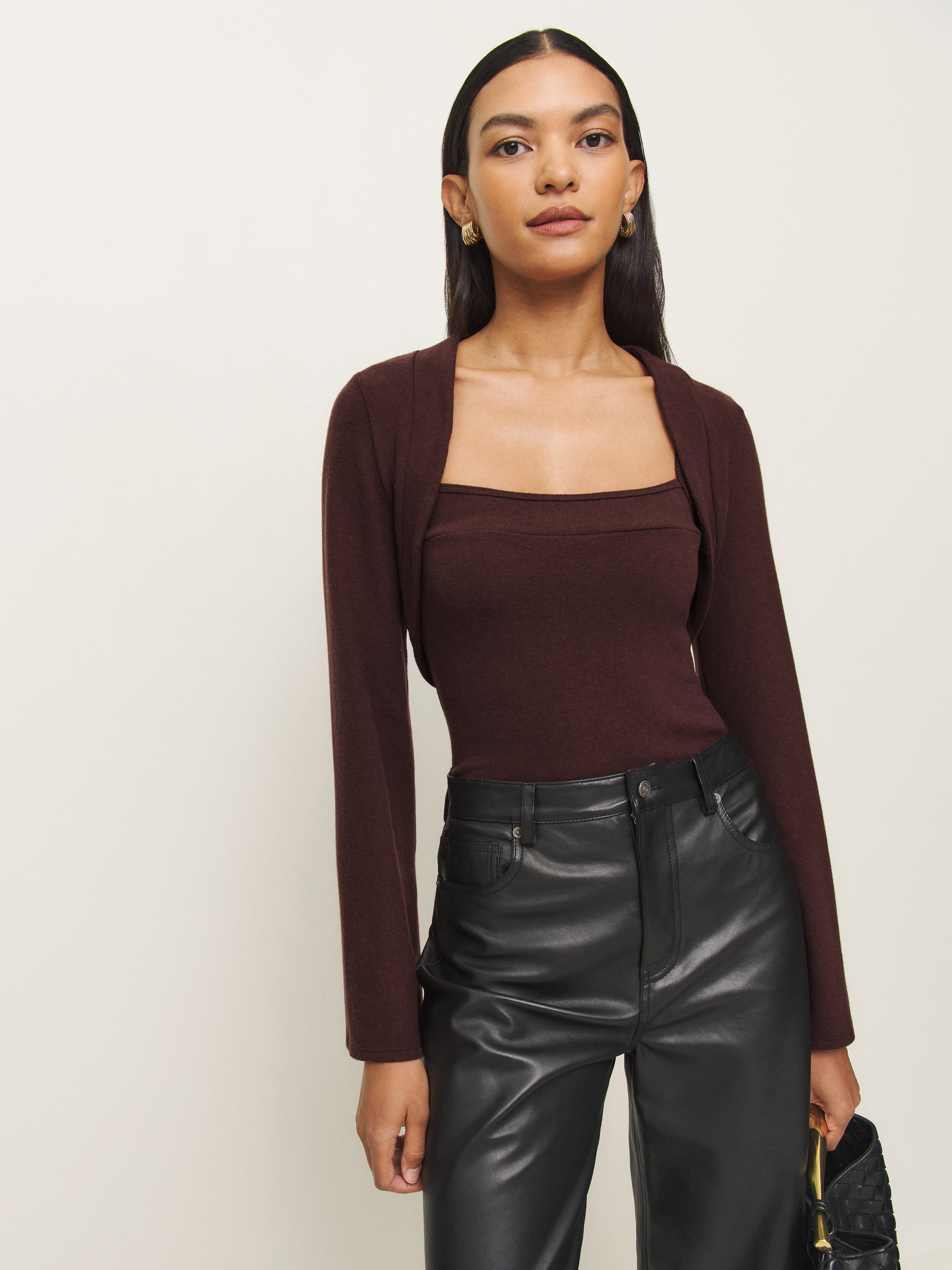 Reformation Chloe Knit Shrug Set In Mahogany