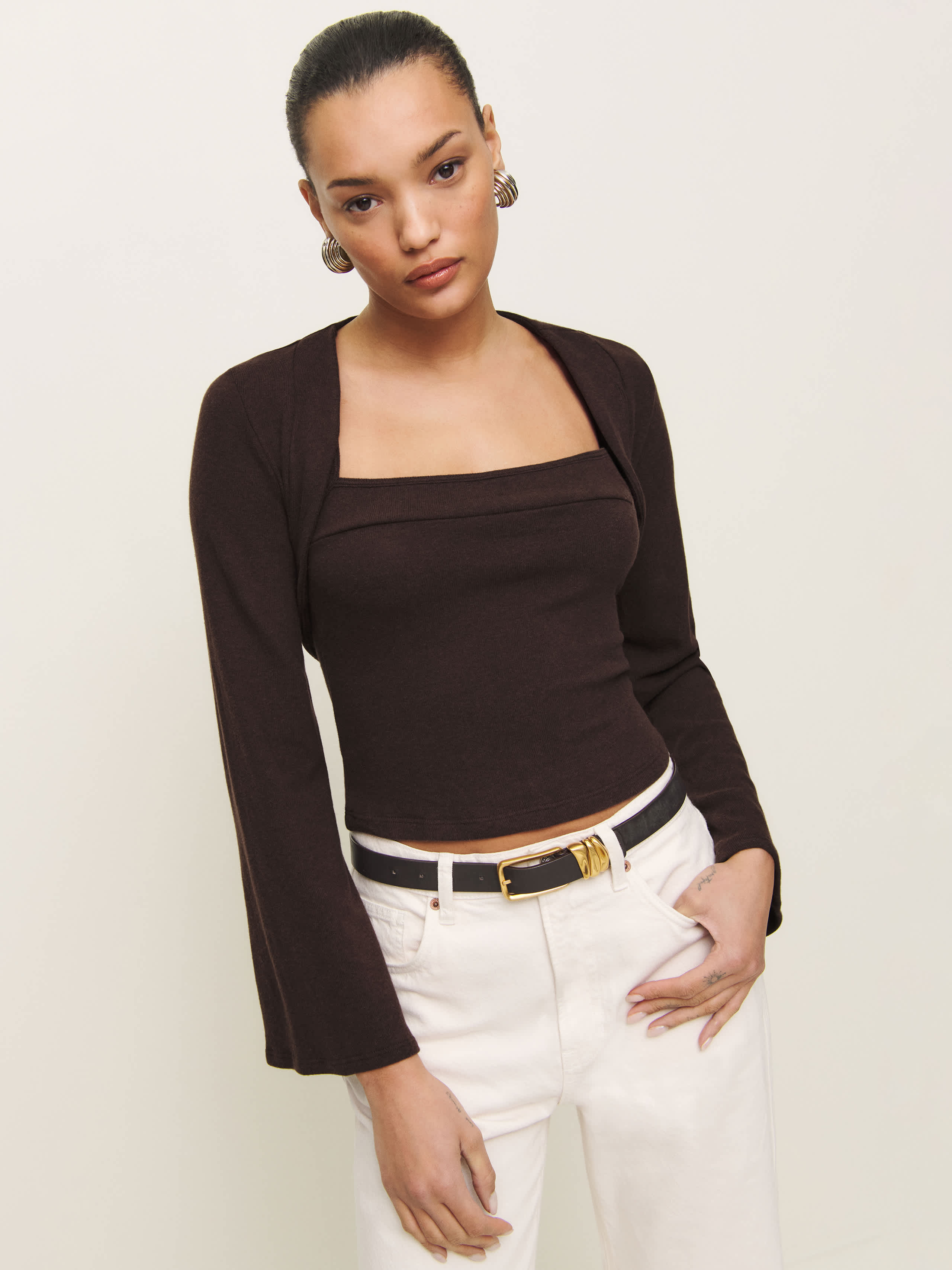 Reformation Chloe Knit Shrug Set In Mole