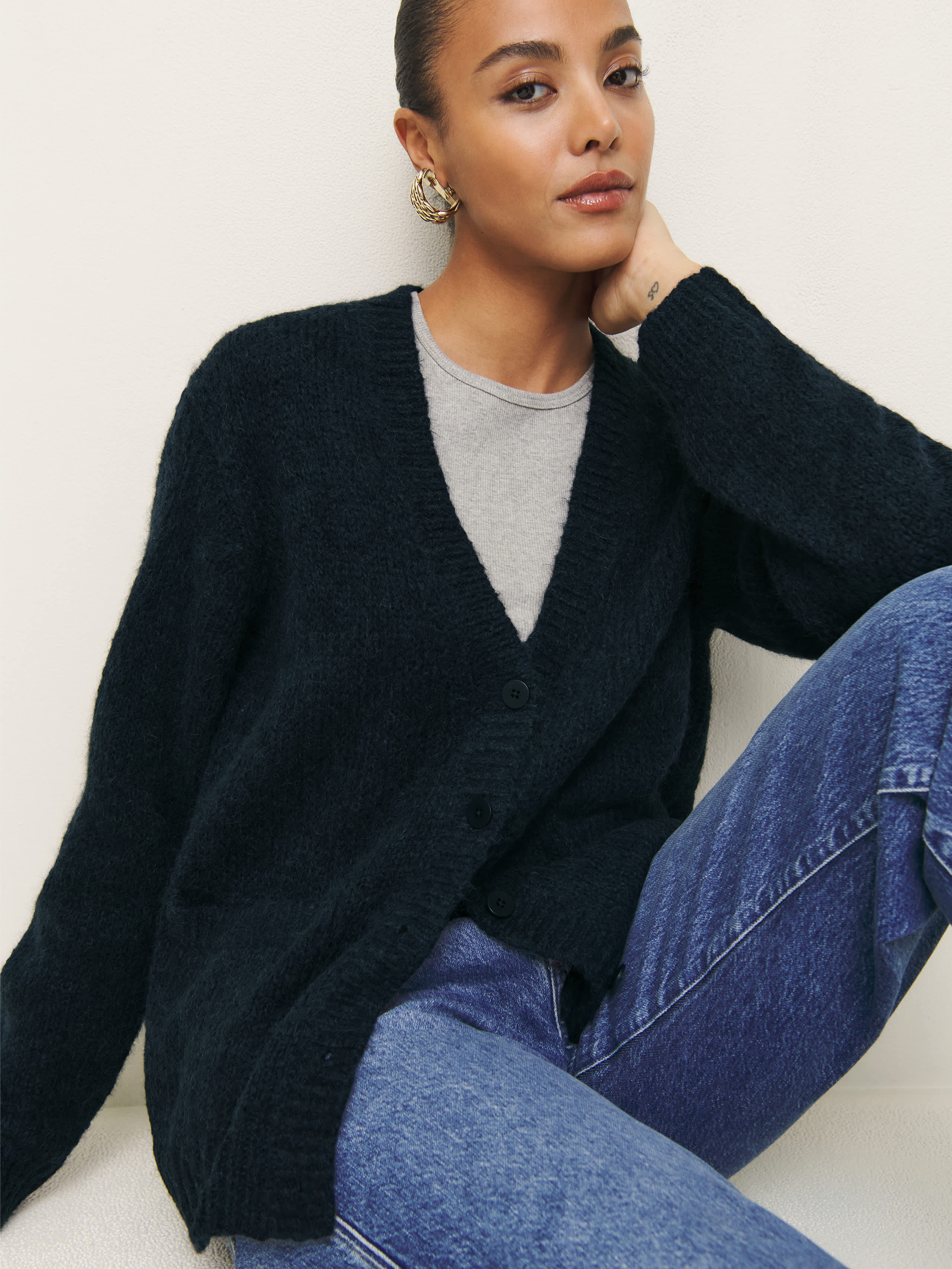 Shop Reformation Lue Boyfriend Cardigan In Navy