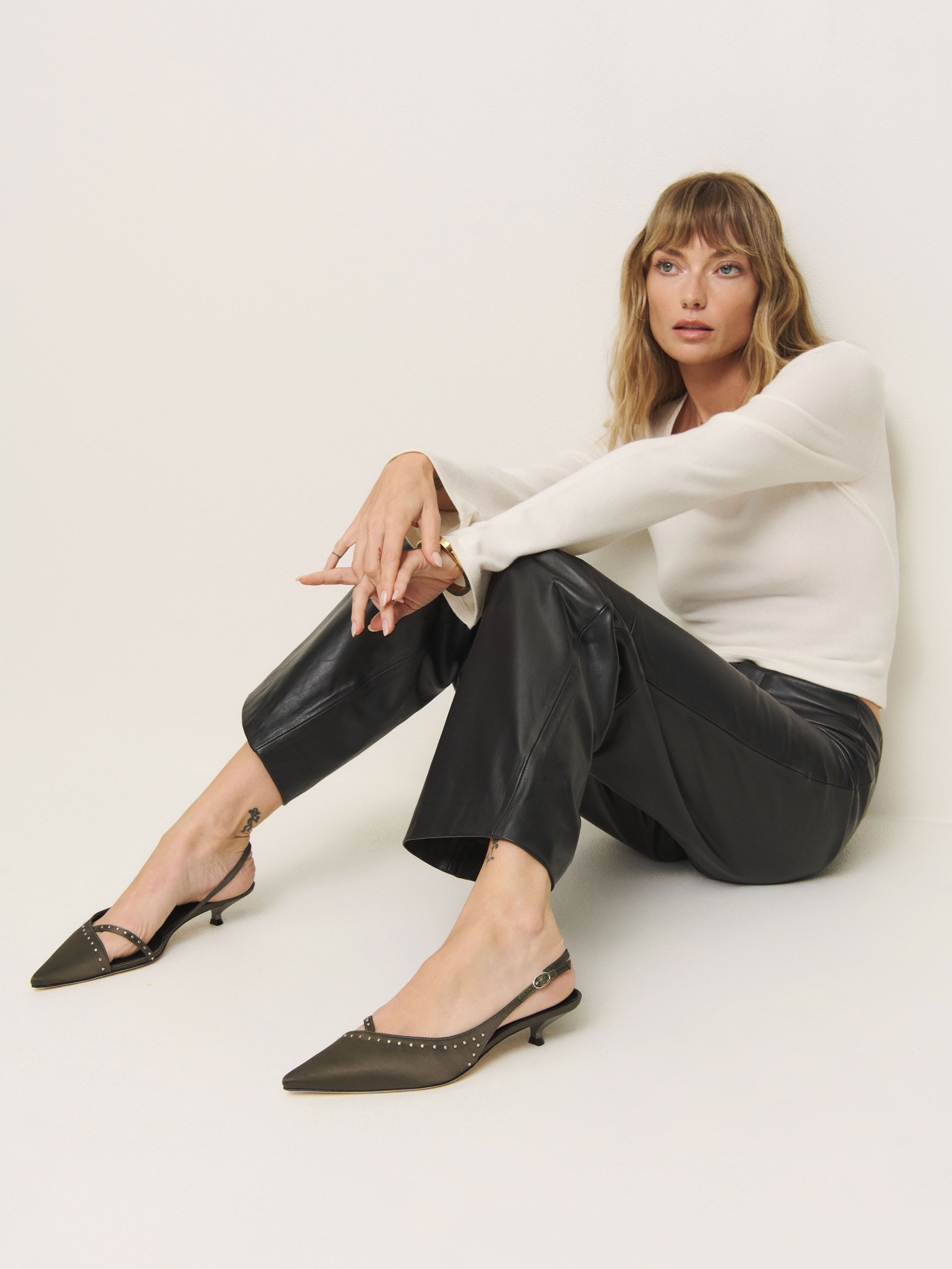 Reformation Sadie Kitten Heeled Slingback In Pickle Satin W Studs