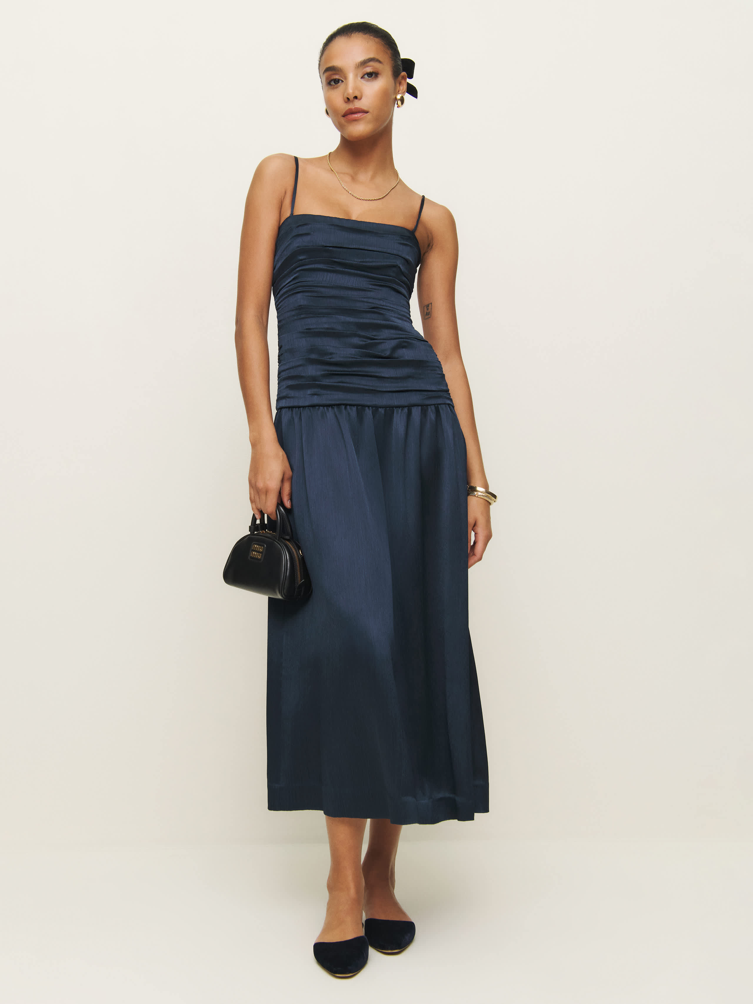 Reformation Zeya Satin Dress In Midnight Crinkle