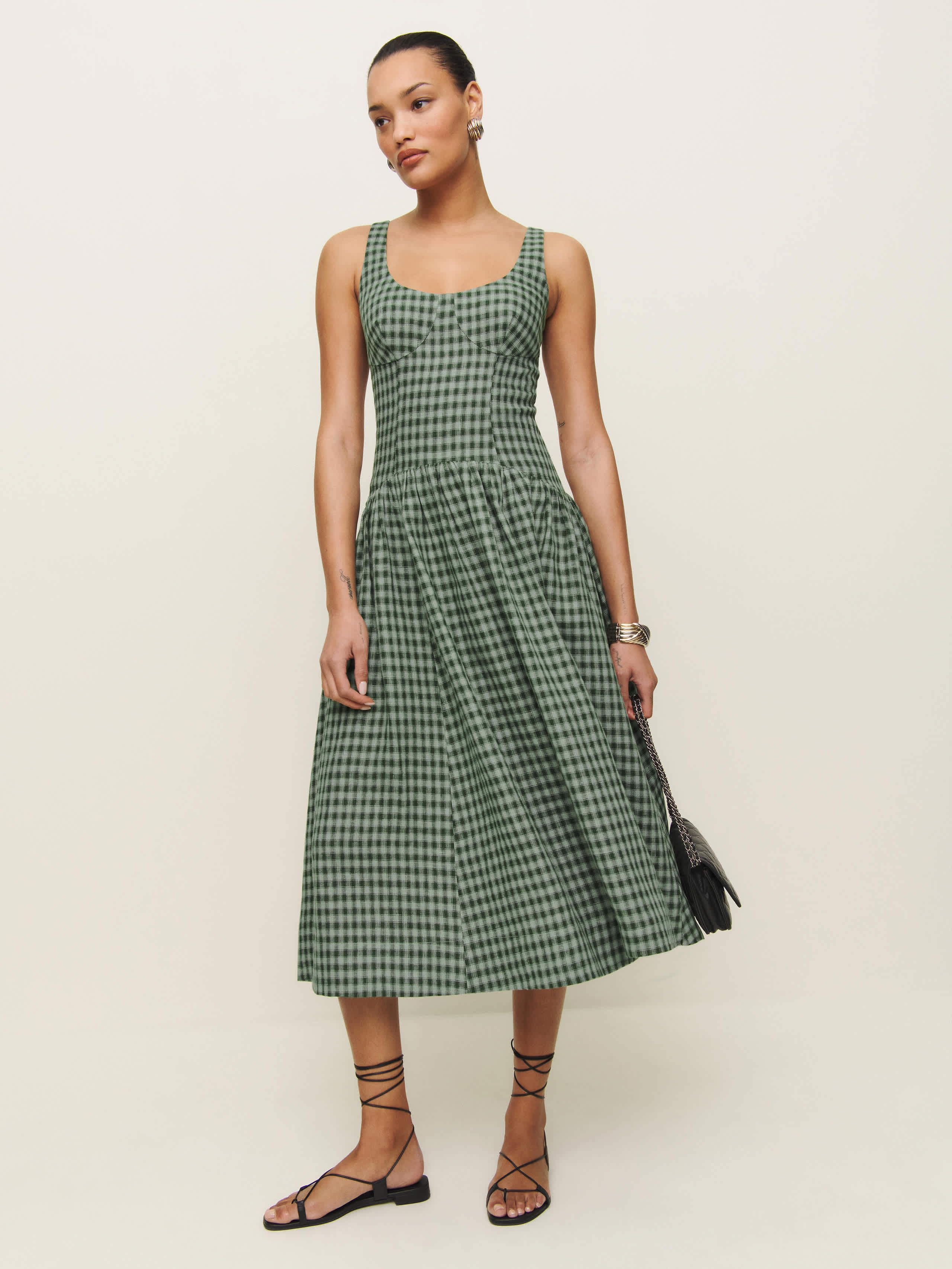 Reformation Roslyn Linen Dress In Cactus Check