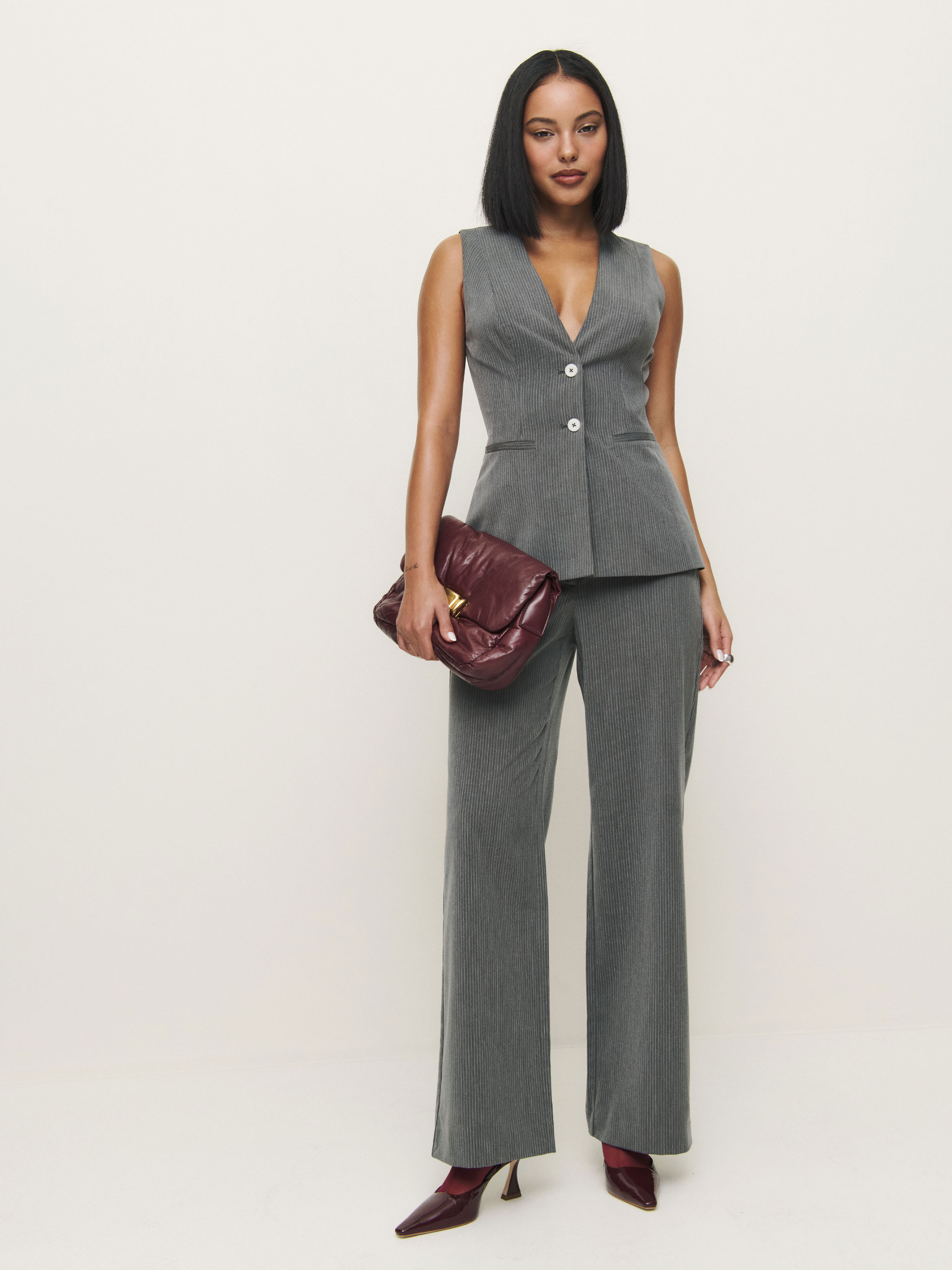 Reformation Saylor Two Piece In Grey Pinstripe