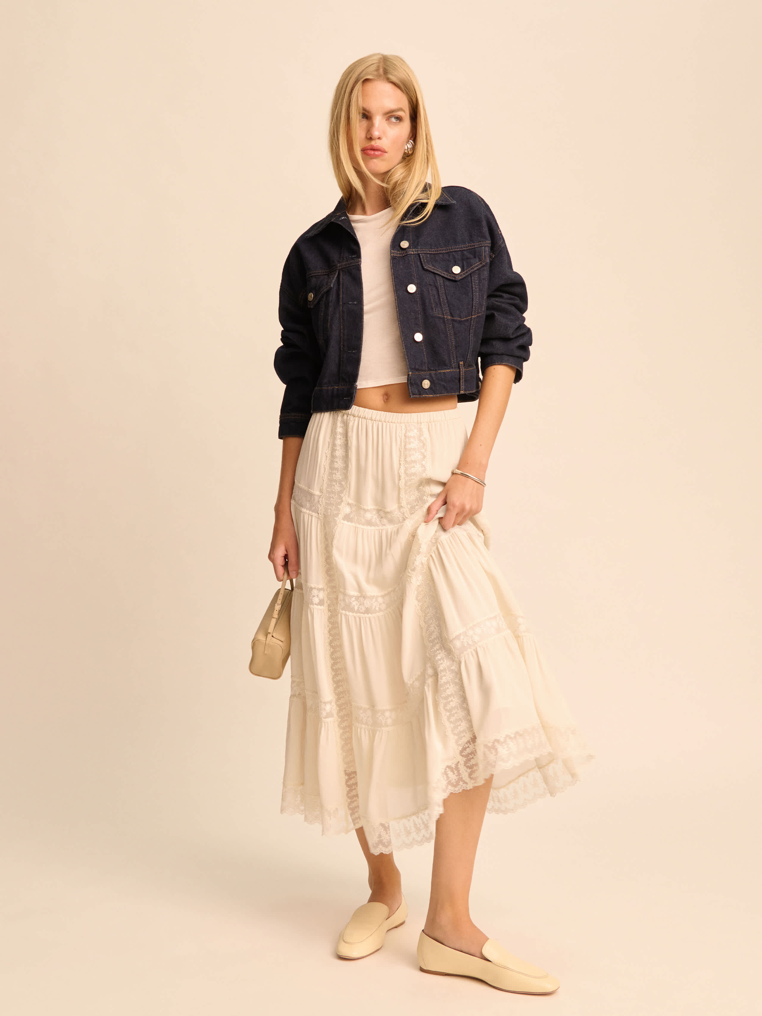 Reformation Maevie Lace Inset Tiered Skirt In Cream