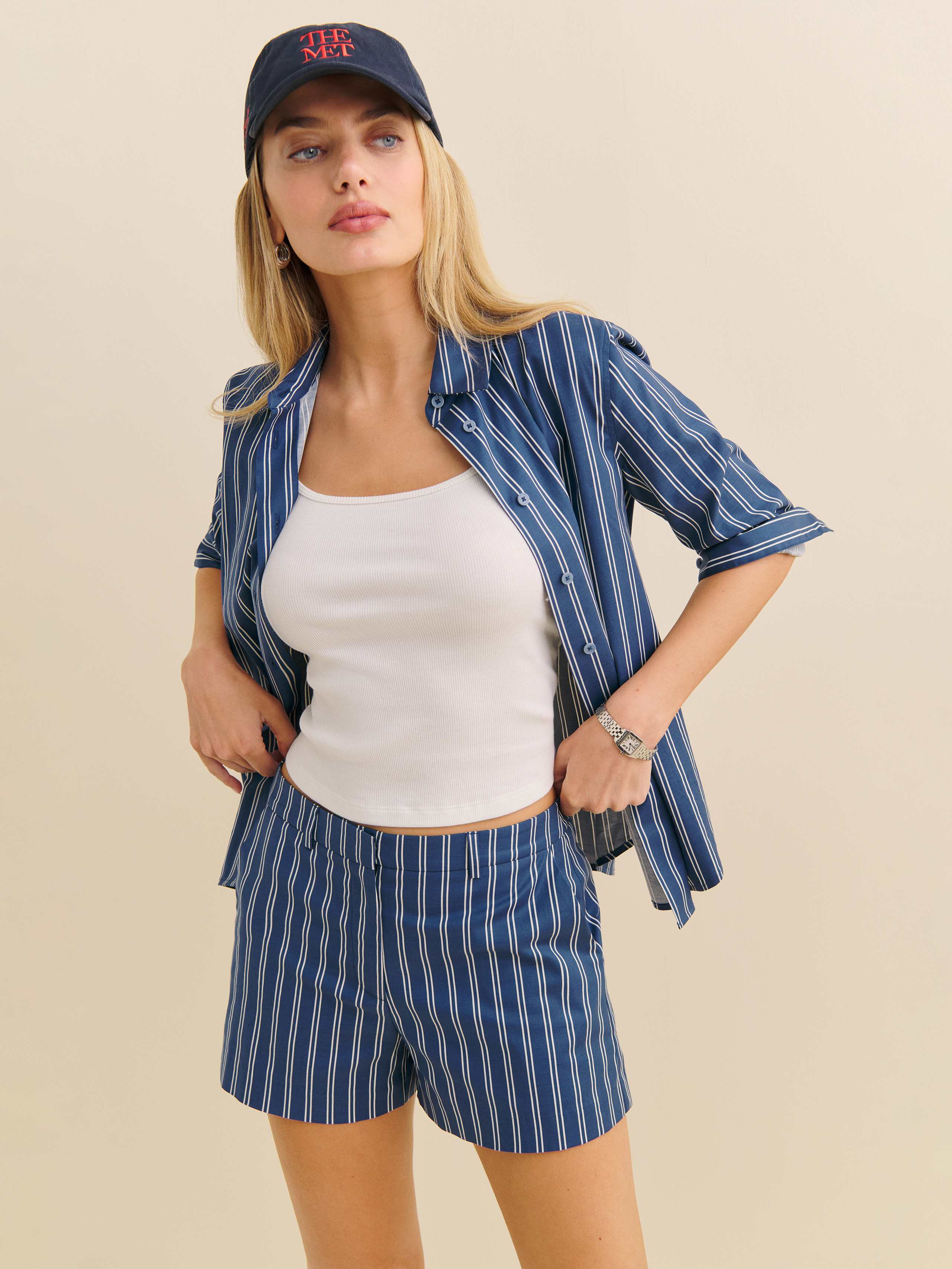 Reformation Austin Short In French Blue Stripe