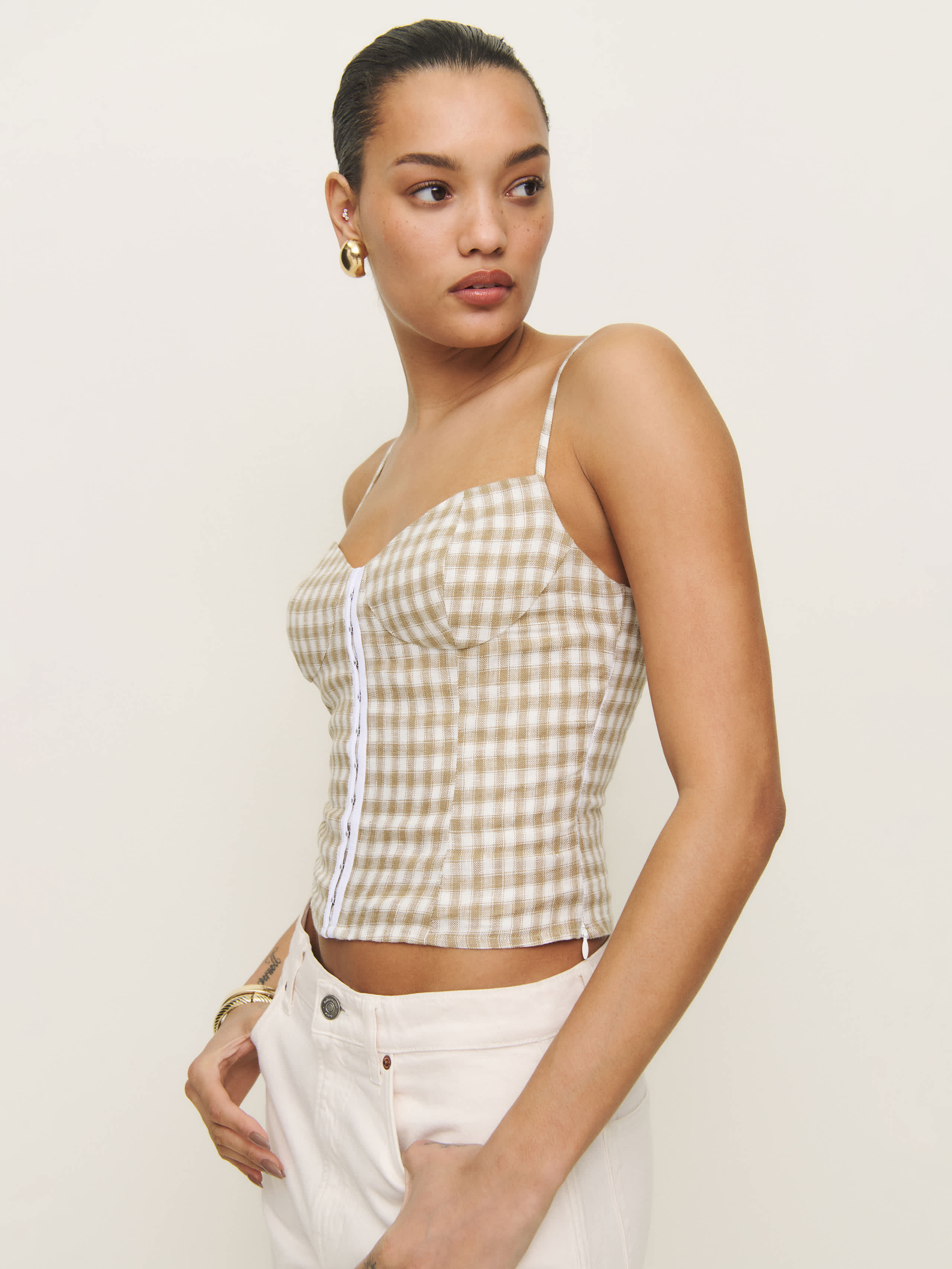 Reformation Christen Linen Top In Dunes Check